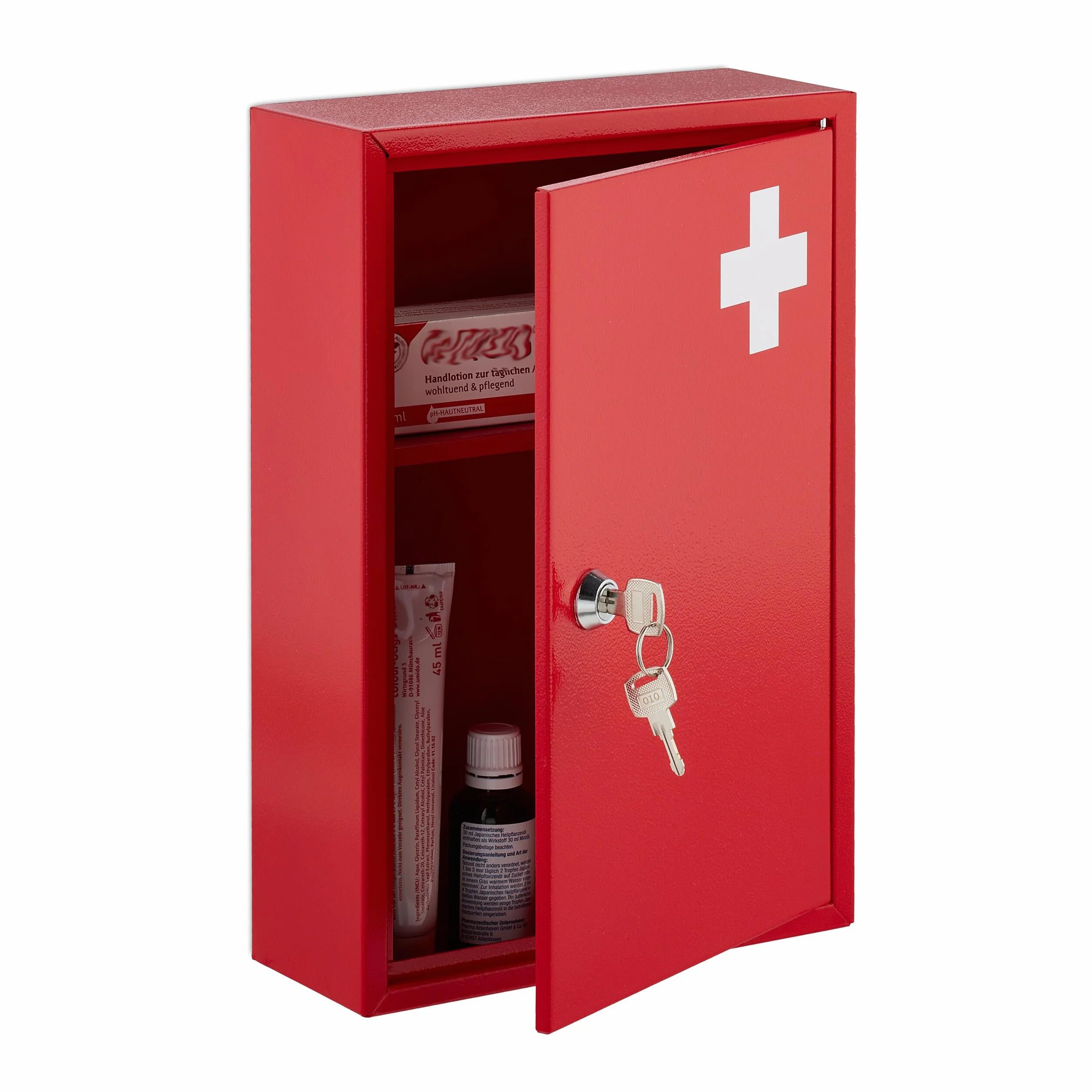Relaxdays Armario Botiquín 2 Compartimentos Cerradura 32 x 21,5 x 9,5 cm Rojo Blanco