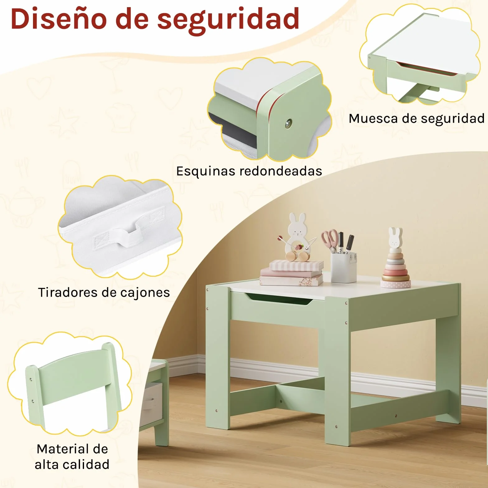 Mesa Infantil con 2 Sillas WOLTU, Mesa y Silla Niños con Almacenaje, Tablero Reversible, Madera, Verde + Blanco