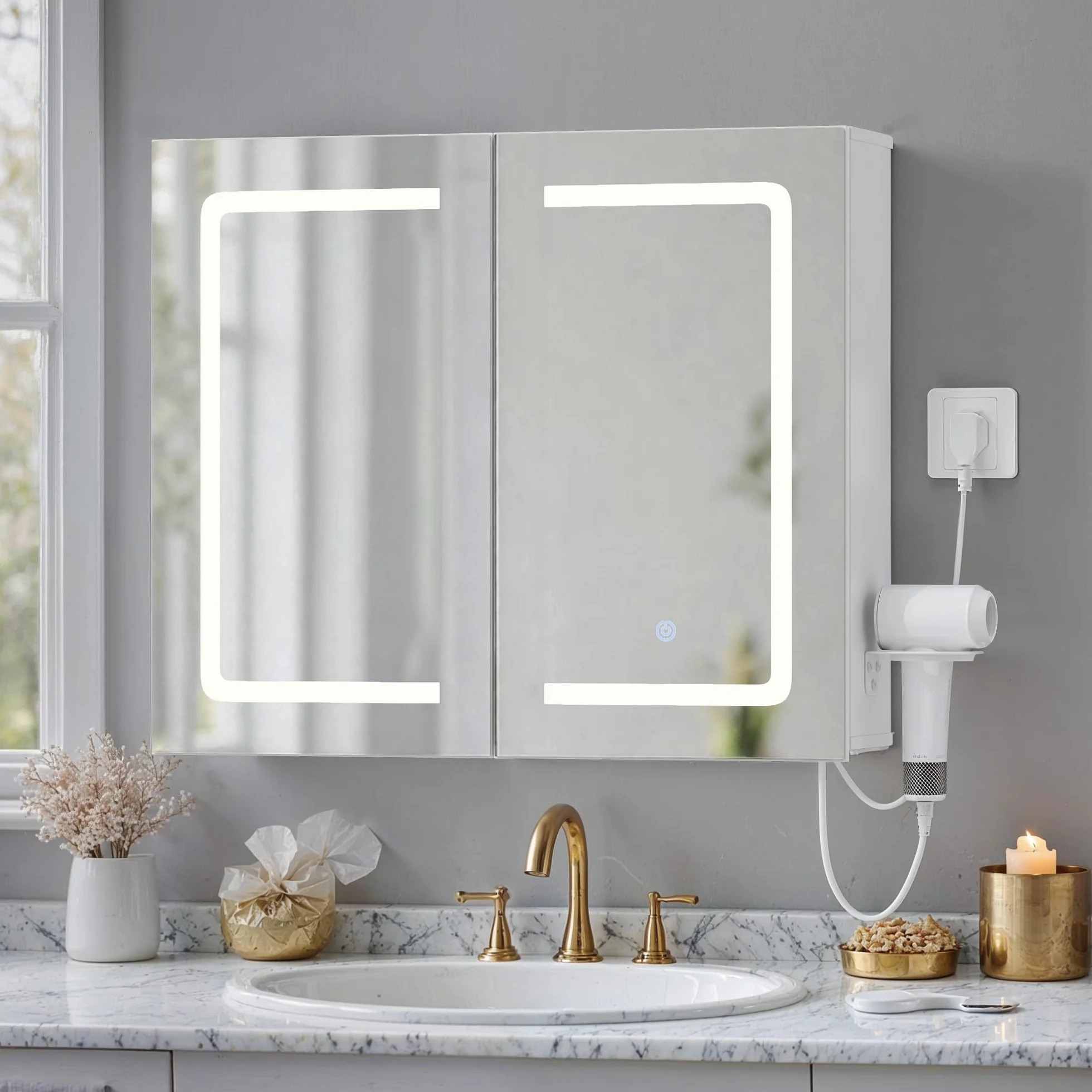 Armario Espejo Baño con Luz LED Puerto USB 70x16x60cm Blanco