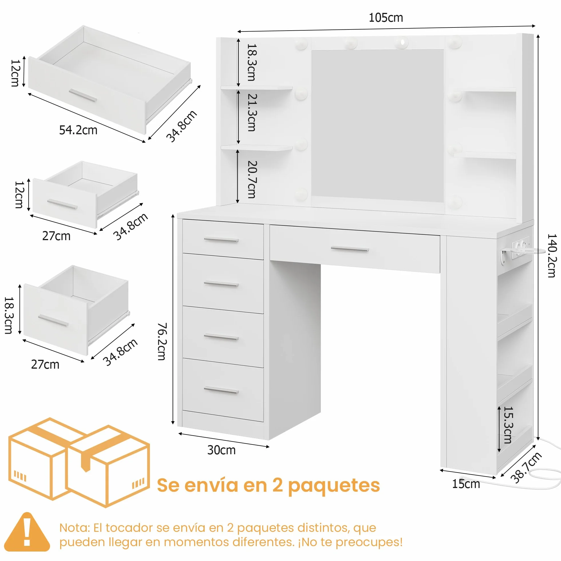 Tocador con Espejo y 10 Luces LED, 3 Estantes, 4 Compartimentos, 5 Cajones, 3 Luces Ajustables, Blanco