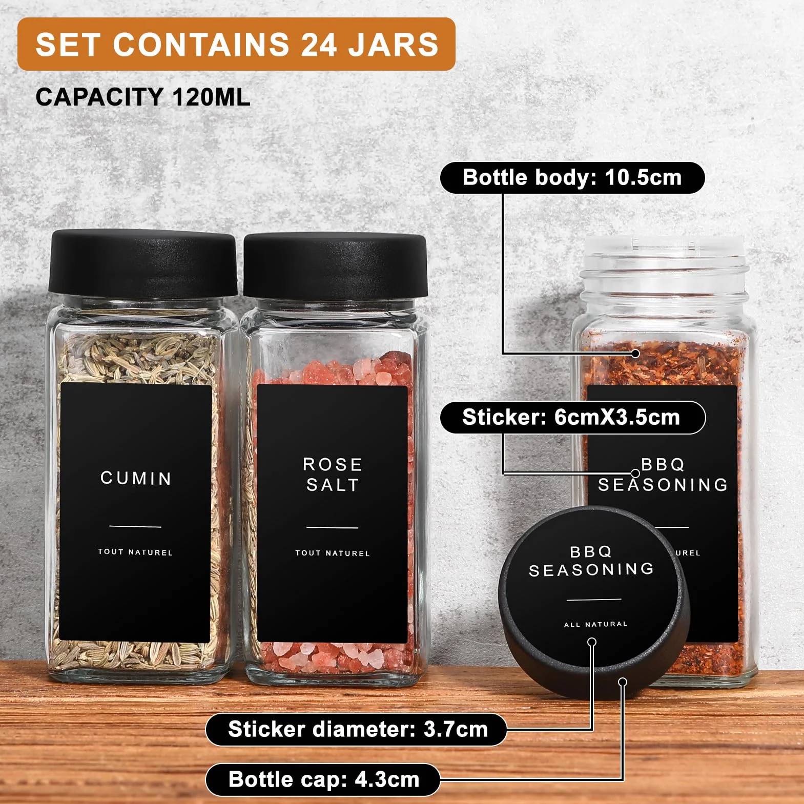 Tarros para Especias Cuadrados de Cristal - Set 24 Piezas de 120ml - con Embudo, Tamiz, Cepillo de Limpieza, Etiquetas y Bolígrafo