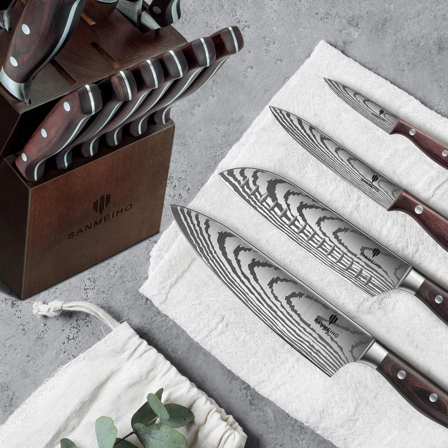 SANMEIHO Juego Cuchillos Cocina 16 Piezas, Set Profesional Acero Inoxidable Alto Carbono con Bloque Madera y Afilador