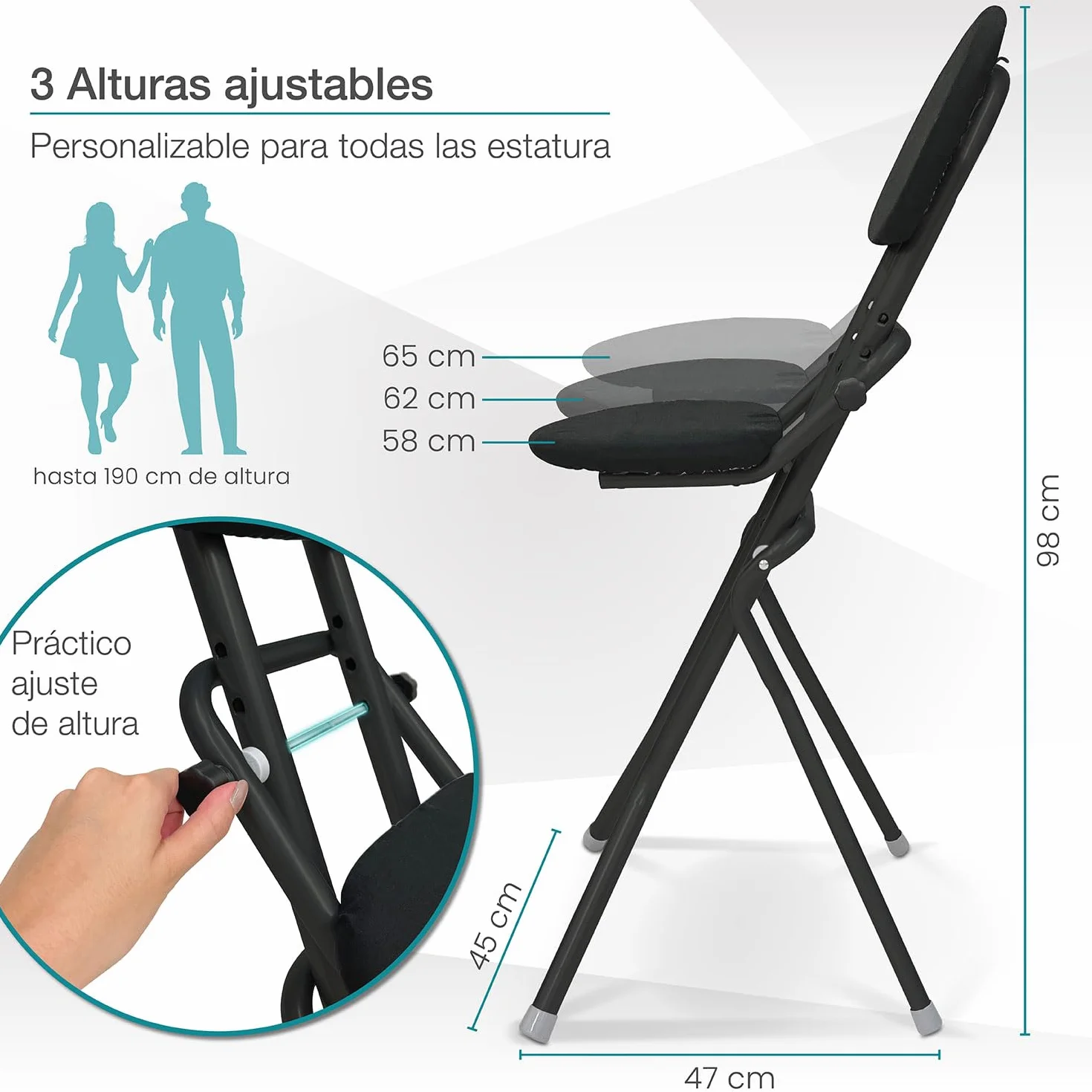ELONEO Silla Plegable Acolchada - Antideslizante, Cuida la Espalda, Taburete Ahorra Espacio, 3 Alturas (58-65 cm), Carga Máxima 120 kg, 45 x 98 x 47 cm (Negro)