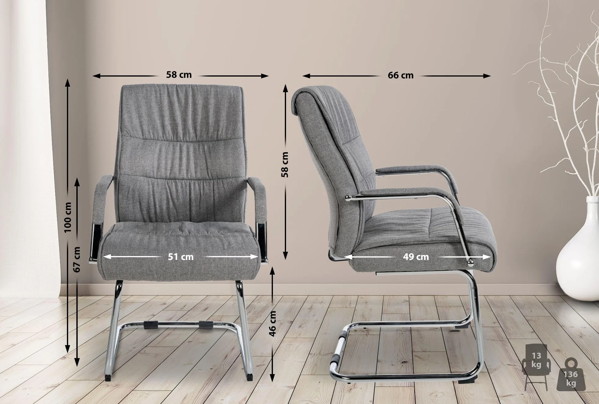 CLP Silla De Reuniones Estilo Cantilever Sievert Tapizada En Tela I Silla De Conferencias con Reposabrazos, Color:Gris Claro