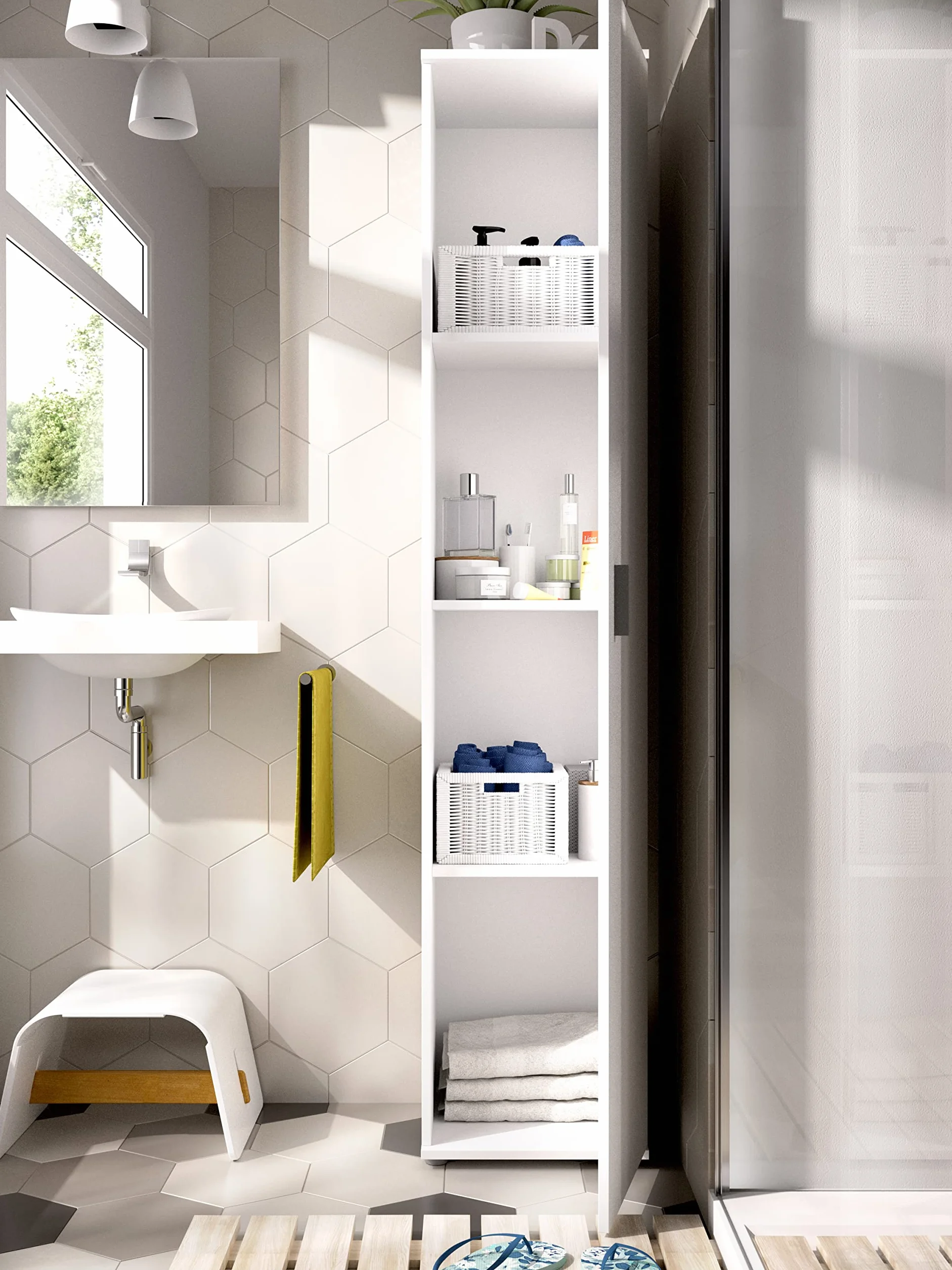 RIMOBEL Armario Multiusos 1 Puerta Madera de Ingeniería Blanco 39x190x35cm