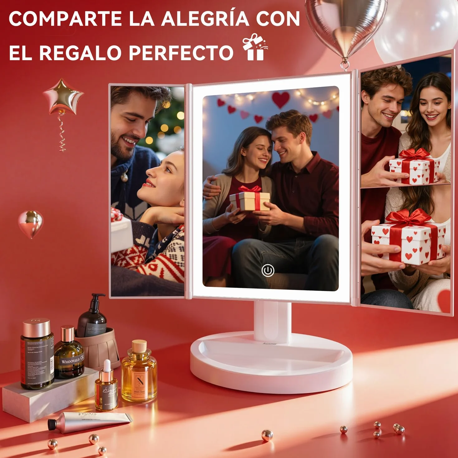 Auxmir Espejo Maquillaje con Luz 2000mAh Recargable 10X Aumento Tríptico 68 Leds Brillo Regulable 180° Giratorio 3 Colores Luz USB