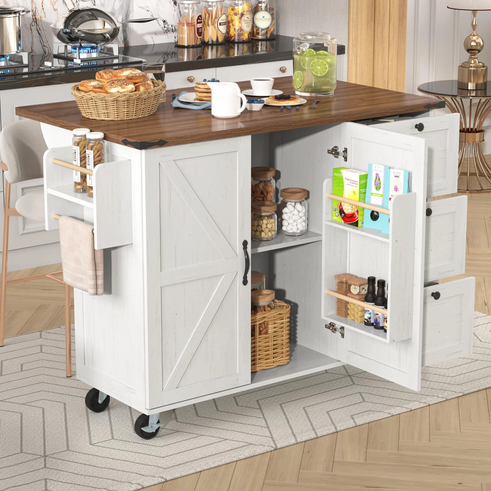 LAKFEW Isla Cocina con Ruedas y Tablero Plegable, Aparador Cocina con 2 Puertas y 3 Cajones, Mueble Auxiliar de Cocina con Estante Ajustable y Toalleros, 140x45(73) x92.5 cm, Beige
