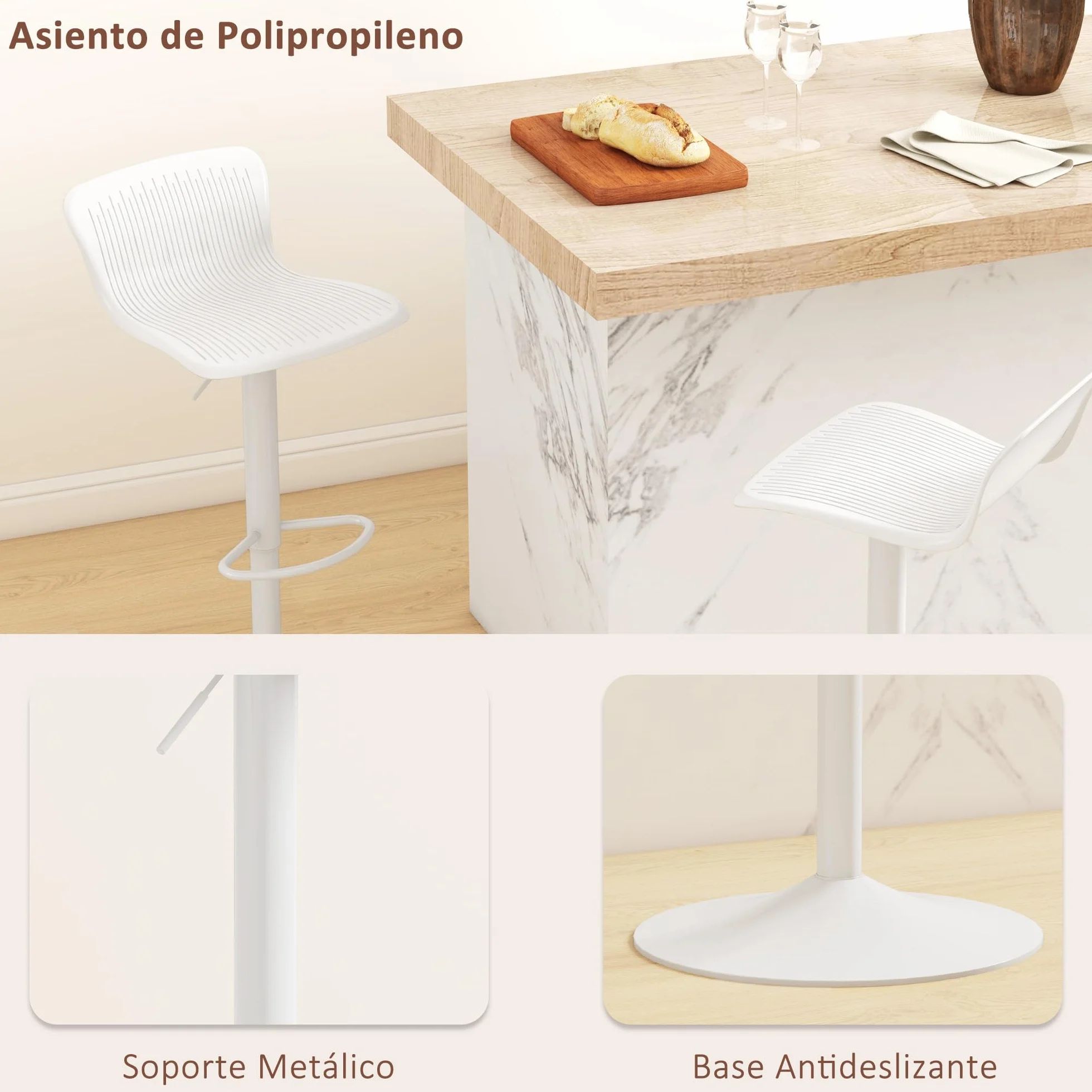 HOMCOM Conjunto de 2 Taburetes Altos de Cocina Sillas Altas Giratorias con Respaldo y Altura Ajustable Carga 120 kg para Bar Salón Comedor Blanco