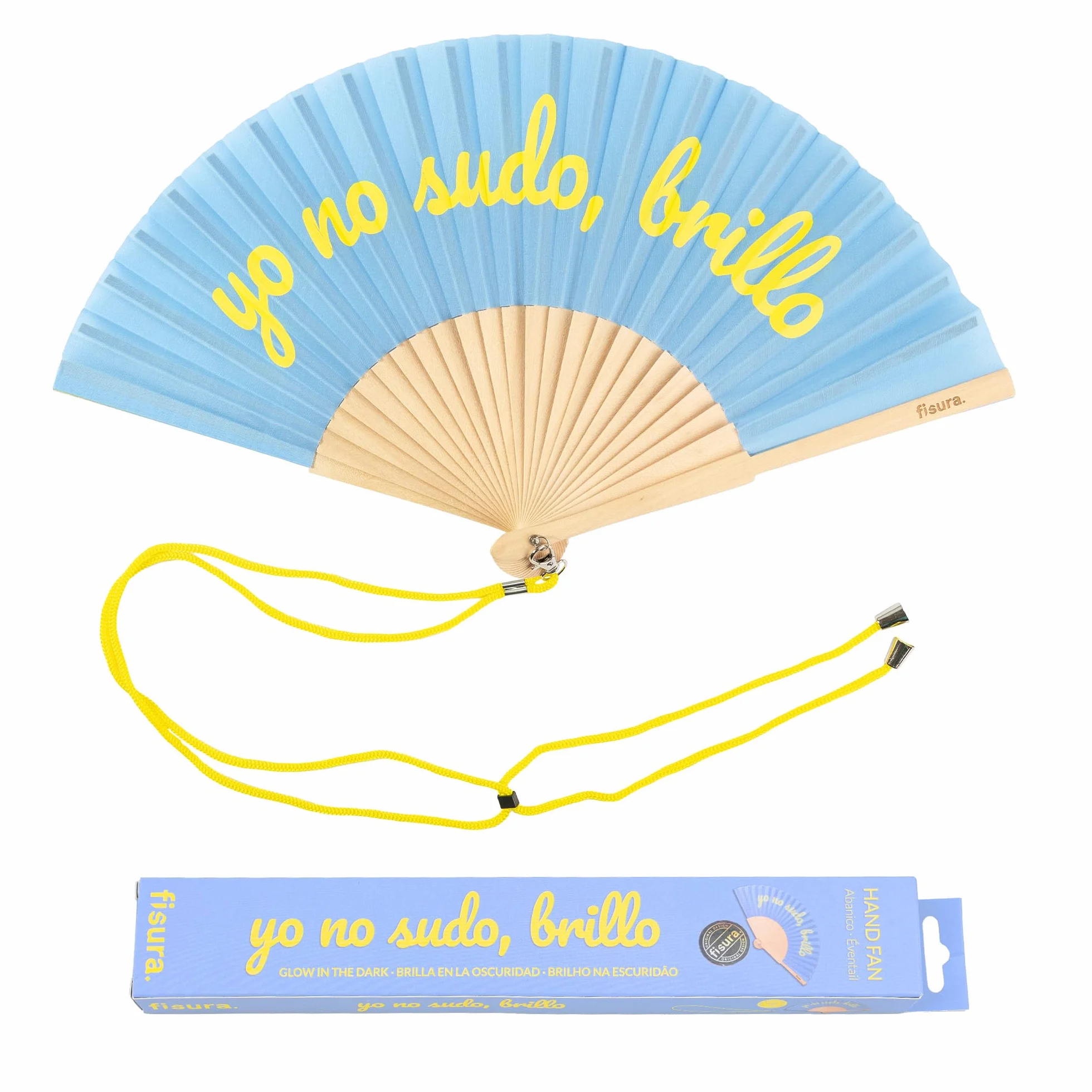 Fisura – Abanico Original con Mensaje “yo no sudo, Brillo”. Abanico de Madera Gracioso. Abanico Azul y Amarillo. Brilla en la Oscuridad. Abanico con cuelga Abanico. 42,5 x 23 cm.
