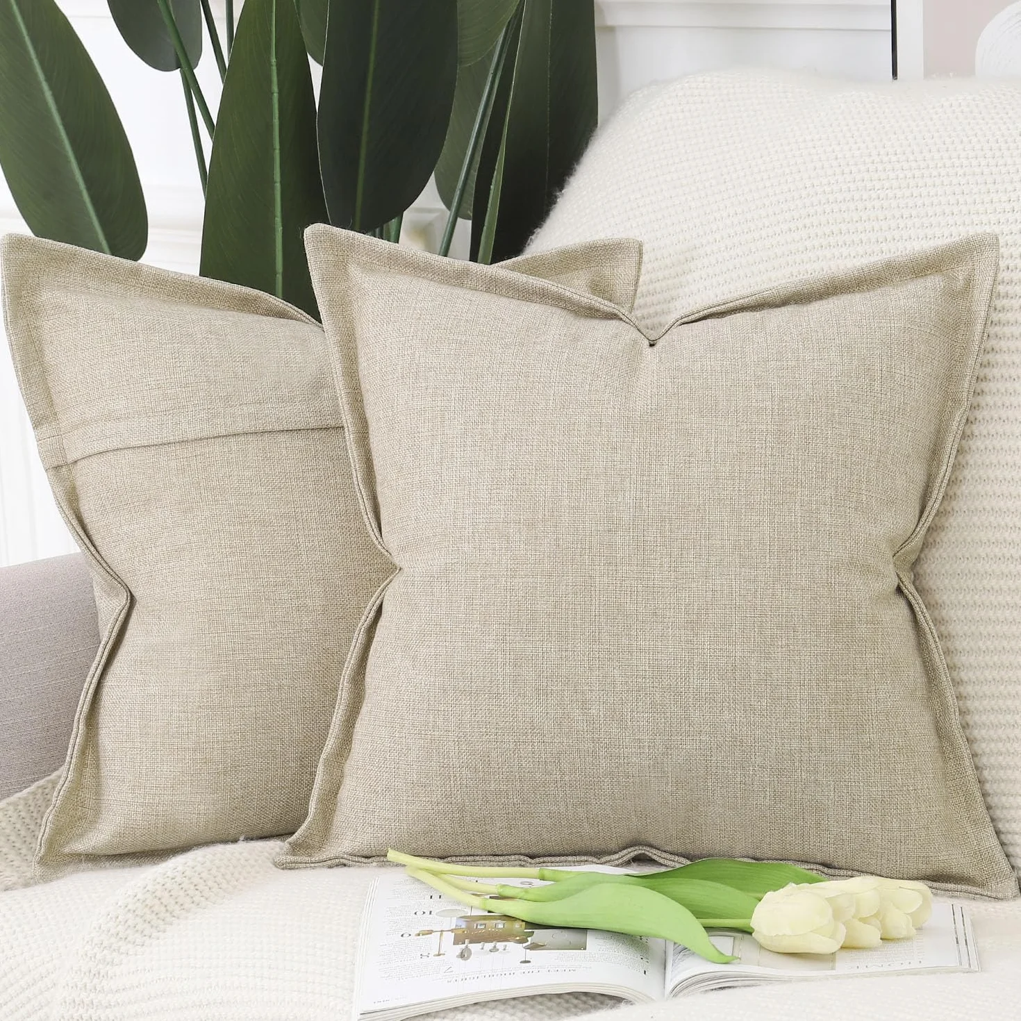Madizz Juego de 2 Fundas de Almohada de Lino Poliéster Decorativo Cuadrado 40 x 40 cm Beige