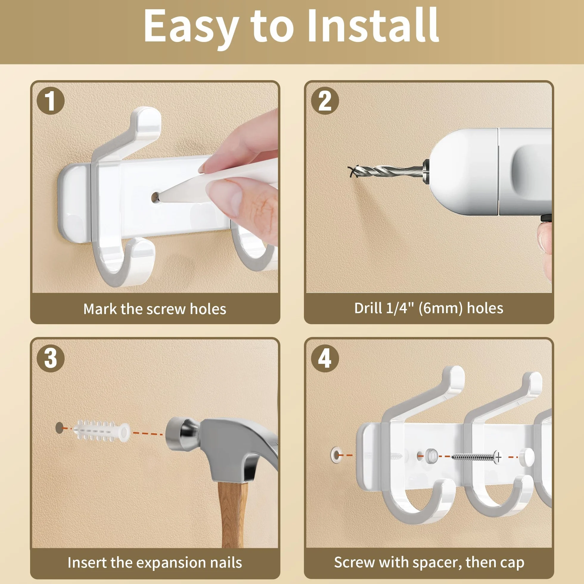 Juego de 2 percheros de pared con 6 ganchos, percheros de metal, perchero de pared para chaquetas, bolsos, sombreros, bufandas, barra para colgar ropa en el dormitorio, armario, baño o cocina (blanco)