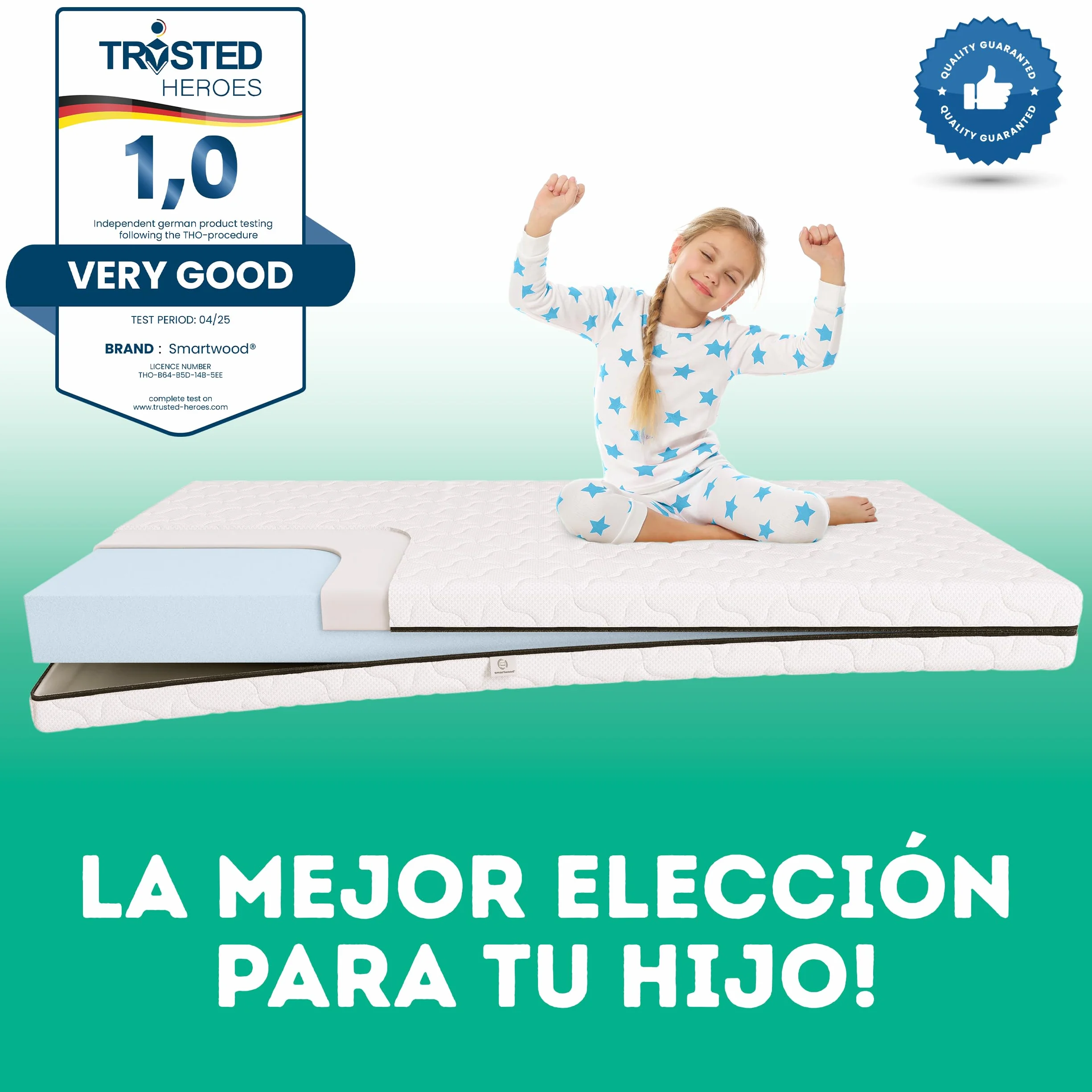 Smartwood Colchón 90x200 12cm Infantil Espuma H2 Oeko-Tex Reversible Funda Transpirable Antialérgica Lavable UE