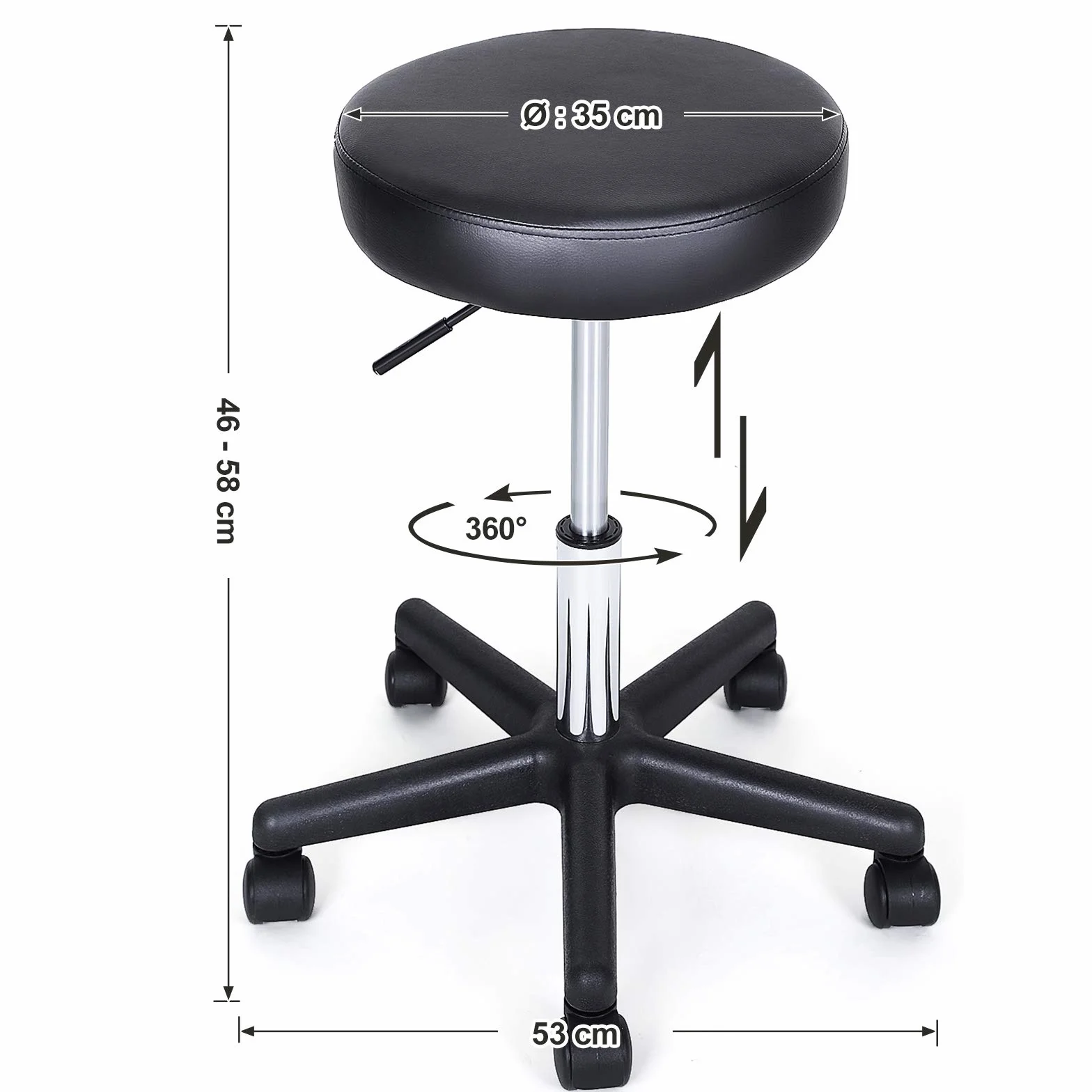 SONGMICS Taburete Giratorio Sobre Ruedas Regulable 46-58 cm Asiento Cuero Sintético Negro LJB61B