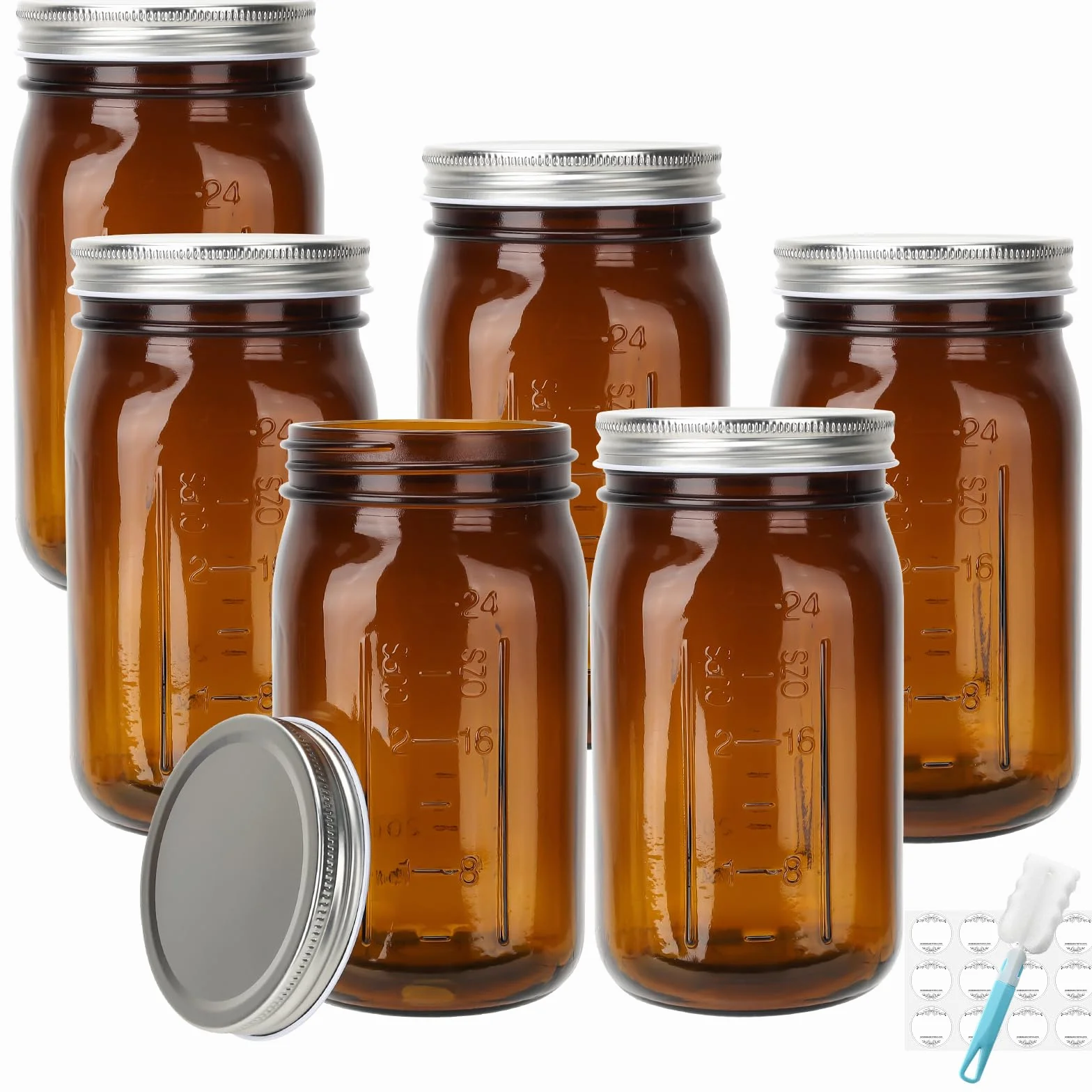 DHSBTLS Tarros de vidrio de 32 onzas, paquete de 6 tarros de vidrio ámbar de boca ancha con tapas y bandas de aluminio plateado, tarros herméticos para almacenamiento de alimentos, enlatado, avena