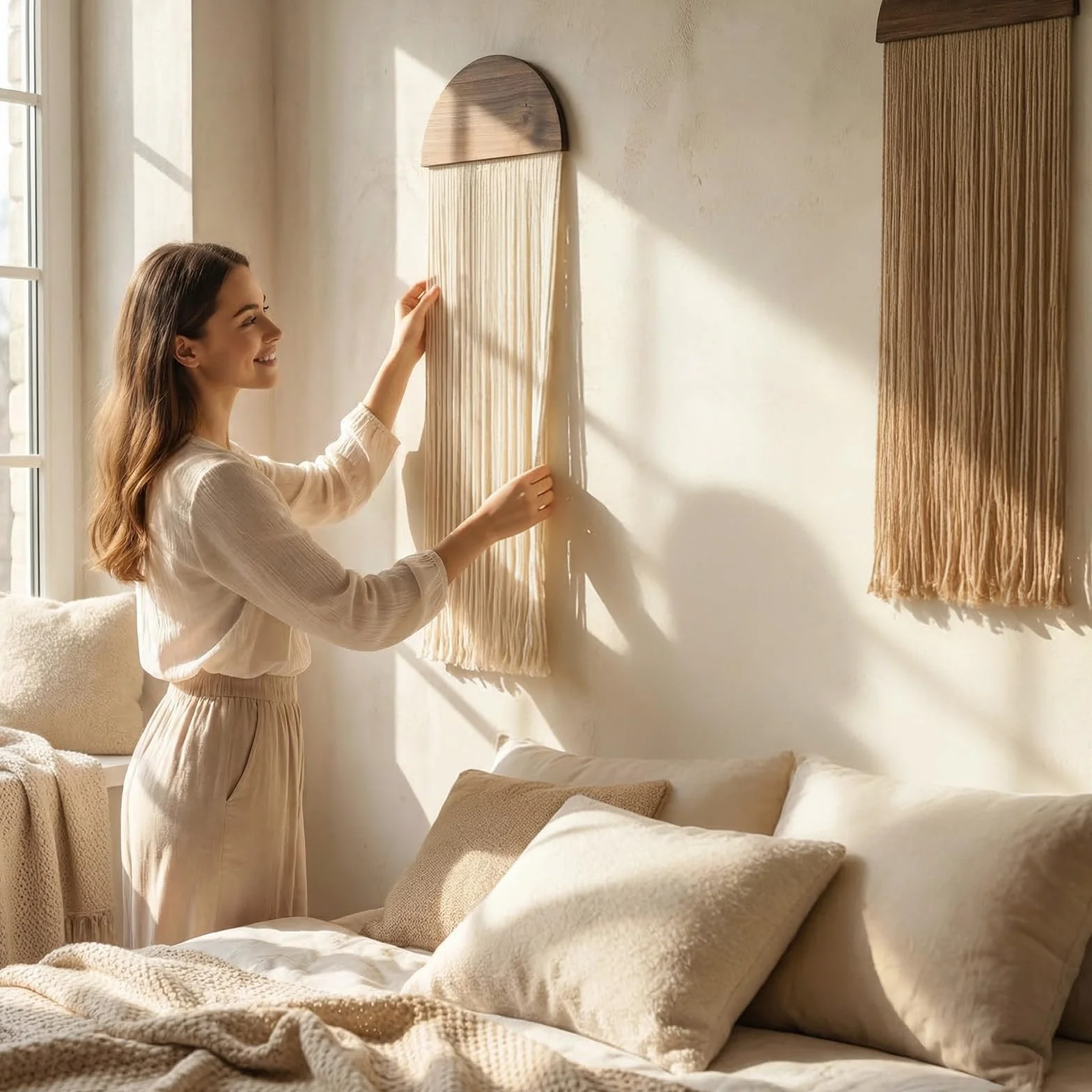 Betylifoy 2 Piezas Tapiz Decorativo Pared Tapices de Pared Verde Semicircular Tapiz con Flecos Tapiz para Colgar Boho Tapiz de Macramé Decoracion Pared Salon y Dormitorio 85 x 30cm (Beige y Caqui)