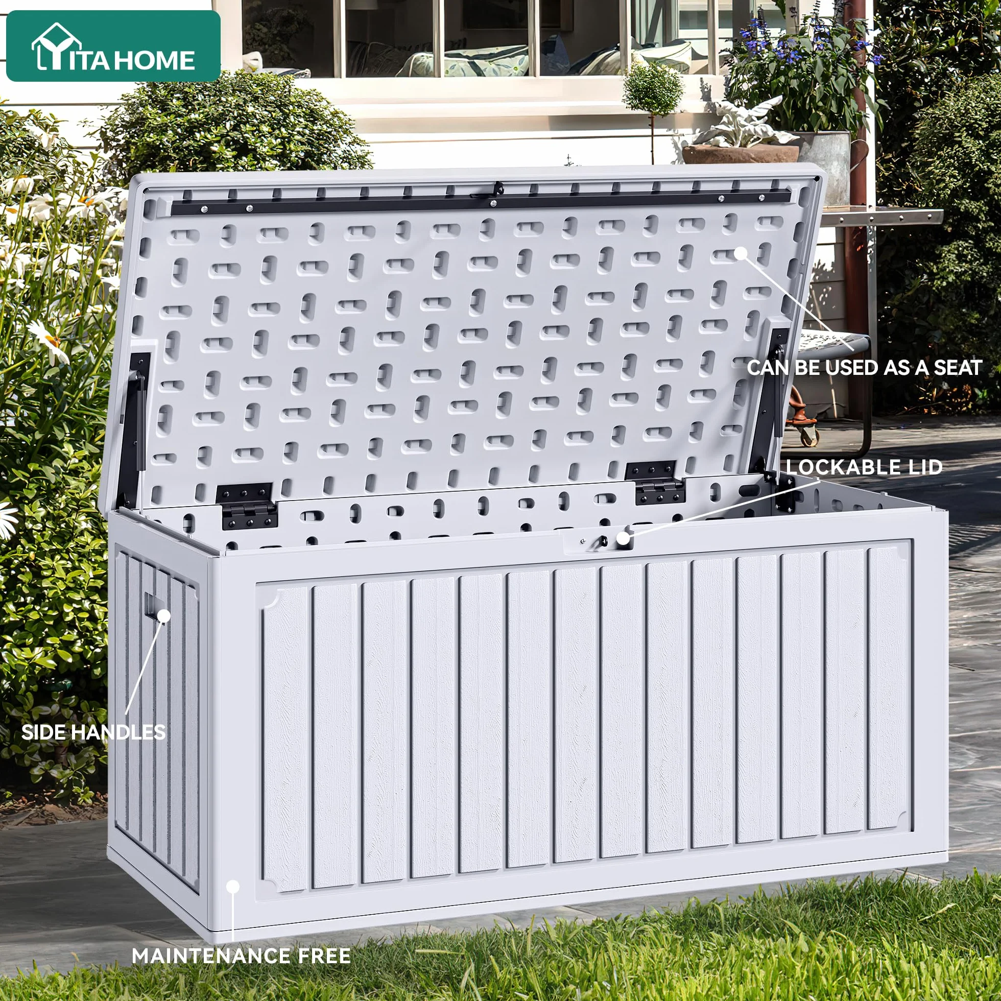YITAHOME Caja de almacenamiento de jardín 303L exterior resina polietileno alta densidad con tapa cerradura