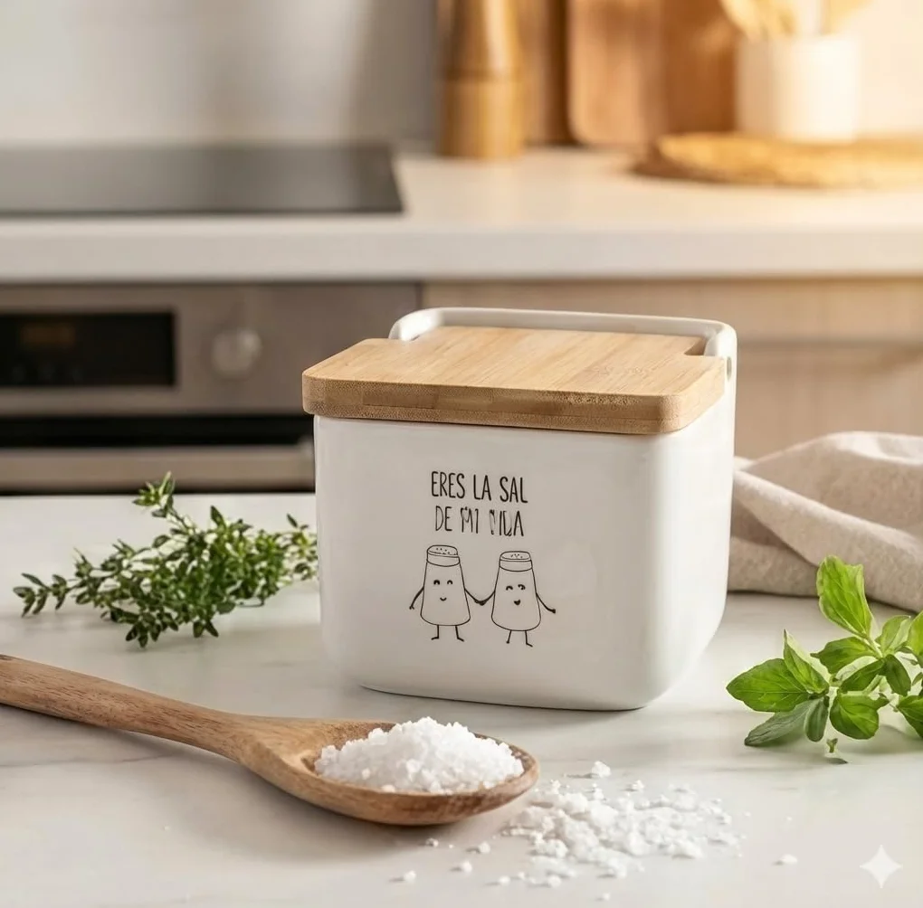 Salero de Cocina de Cerámica con Tapa de Madera Diseños Originales ECHALE Sal A TU Dia