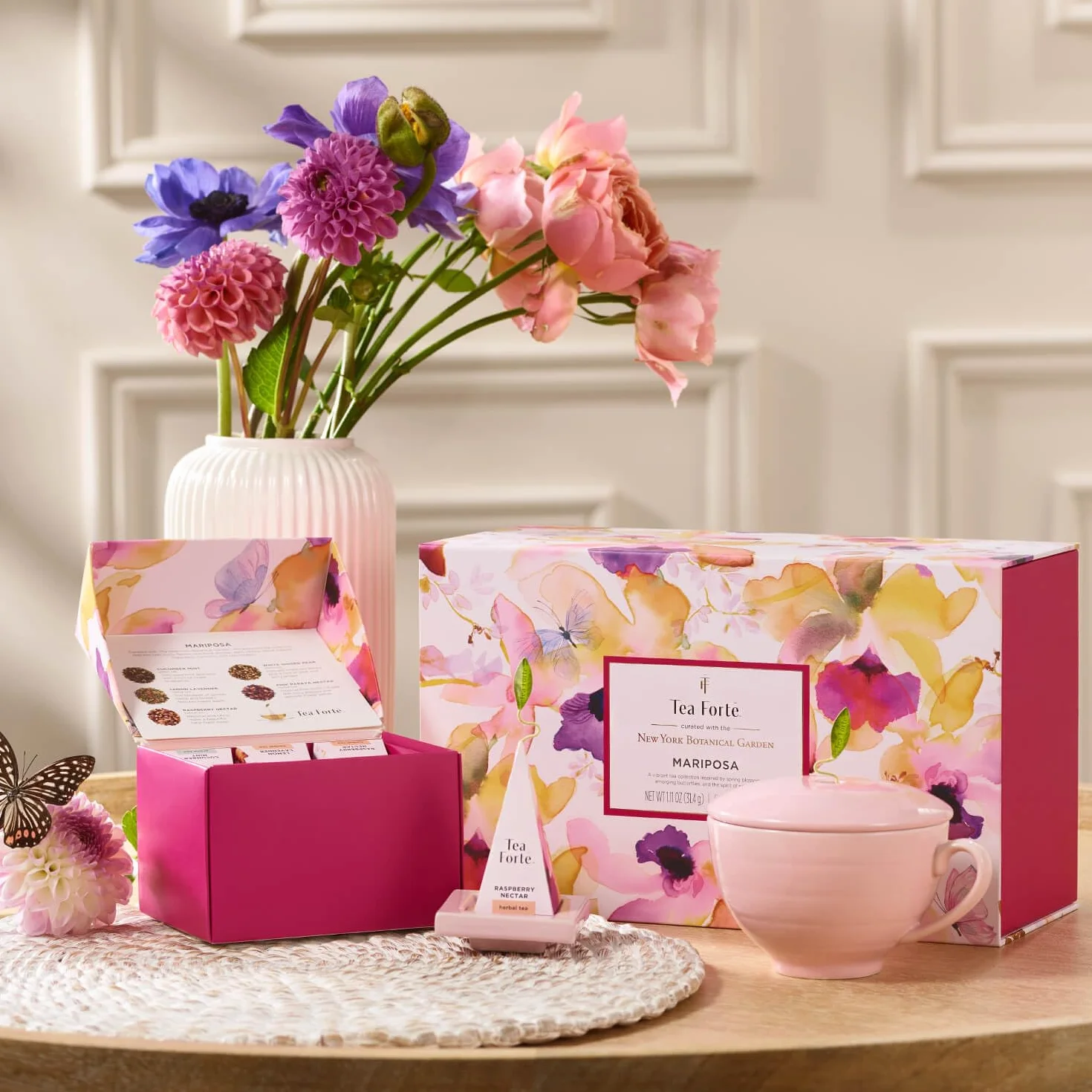 Tea Forte Juego de Té Regalo con Taza, Bandeja y 10 Bolsitas Piramidales Mariposa