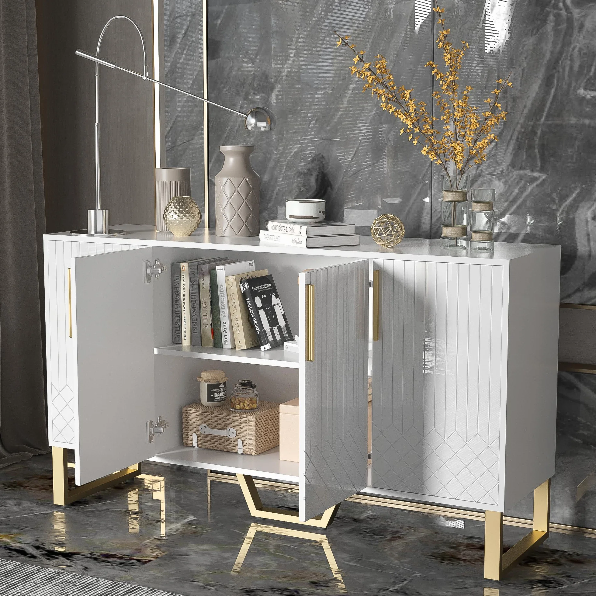Aparador brillante, 4 puertas, tiradores y patas de metal, diseño geométrico en blanco, 140L*40L*80H, apto para salas de estar