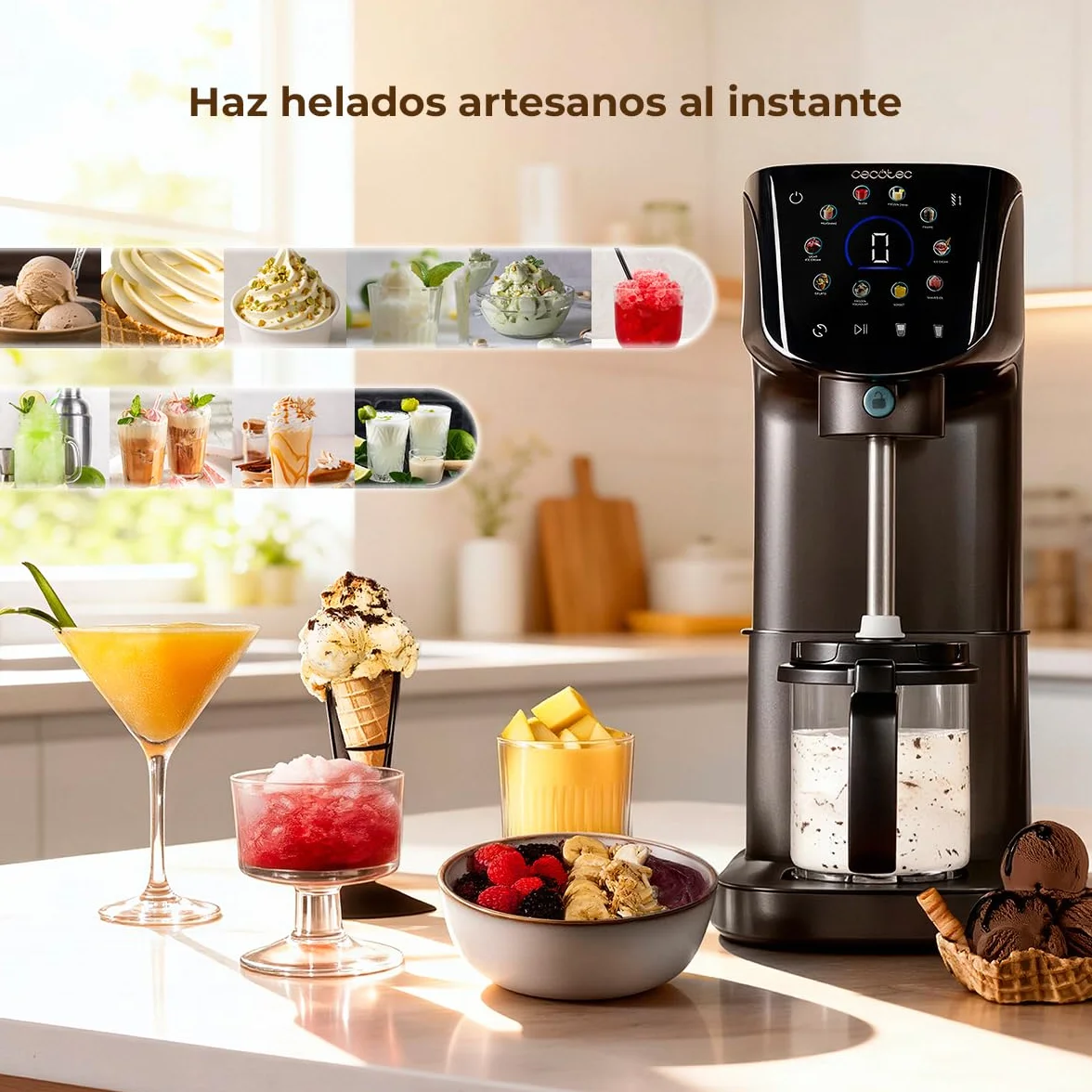 Cecotec Heladera Multifunción Capacidad 2,1L, 3 Tarrinas, Gelatec 2100. 500W, 11 Programas de Helado y Bebidas Granizadas, Tecnología CreamOn y Re-spin, Pantalla Táctil, Incluye Recetario Digital