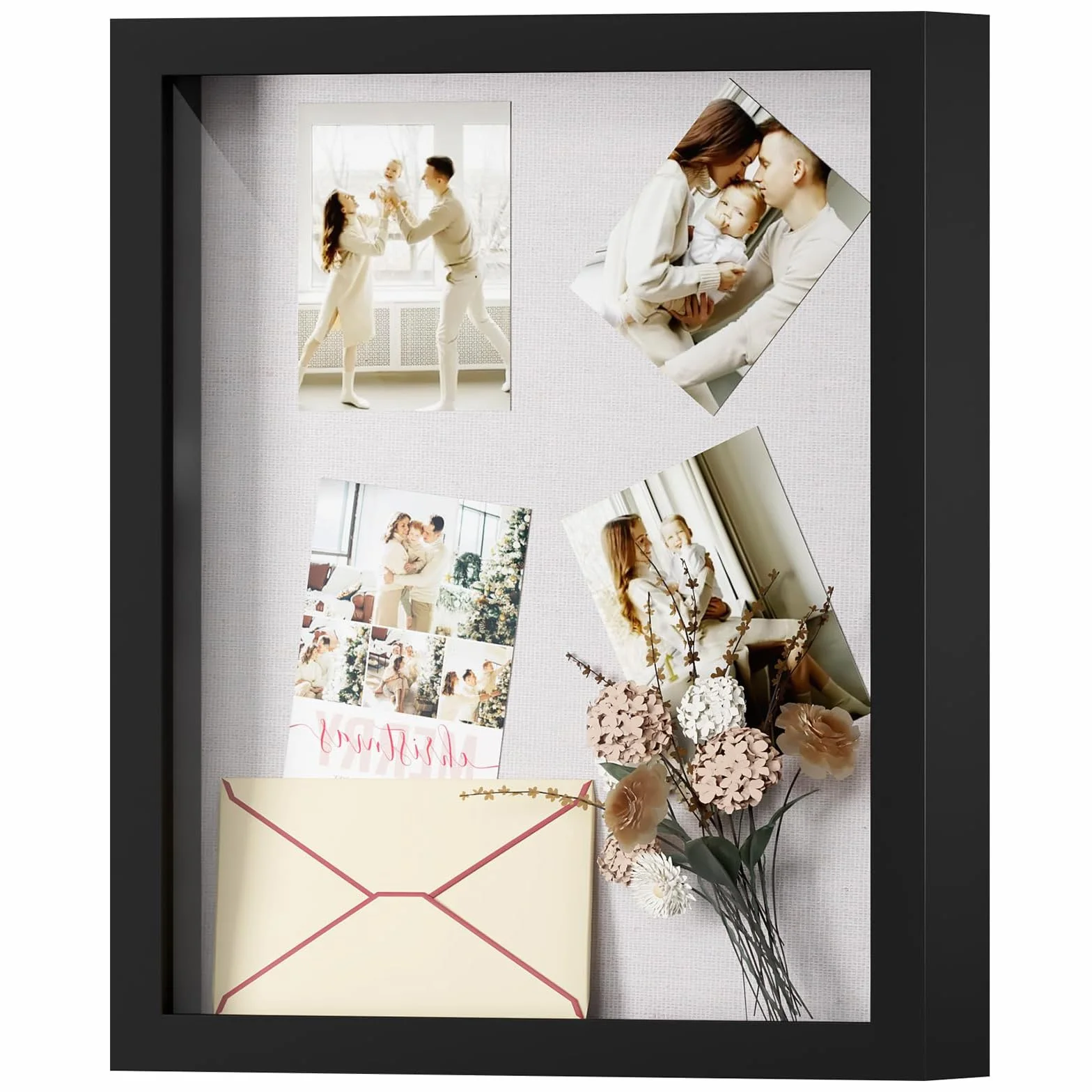Muzilife Marco de fotos de 8.5 x 11 pulgadas con tablero de lino, marco profundo de madera con cubierta de vidrio, listo para colgar, premios, medallas, boletos, recuerdos de boda, flores y fotos