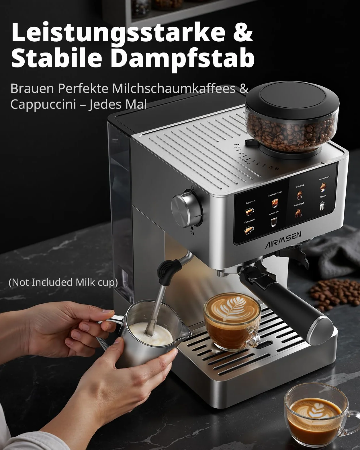 AIRMSEN 20 Bar Cafetera de Café Espresso con Molinillo Cónico y Vaporizador de Leche, Programable, Pantalla Táctil, Fabricada en Acero Inoxidable, 1.8L - Café Cold Brew y Americano, Espresso y Leche
