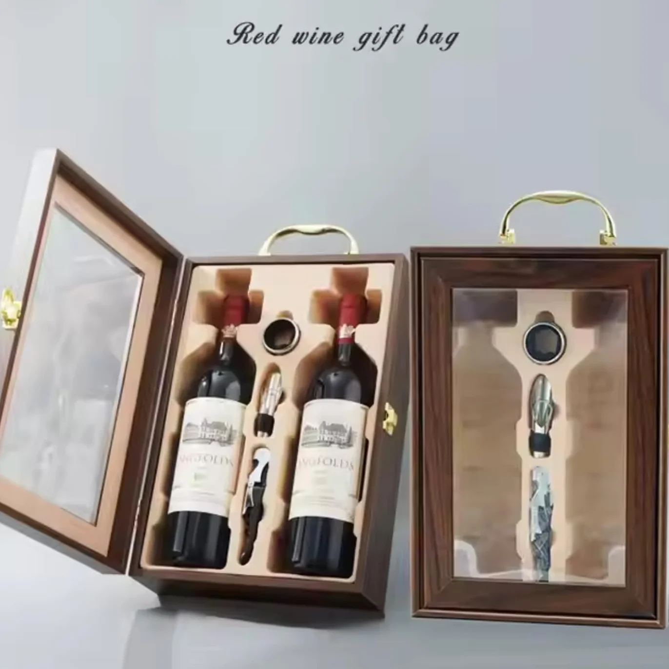 Caja de regalo para botella de vino, caja de exhibición de lujo para almacenamiento de vino, champán o whisky con herramientas, tornillo de corcho, vertedor, servilleta/anillo de goteo, vino