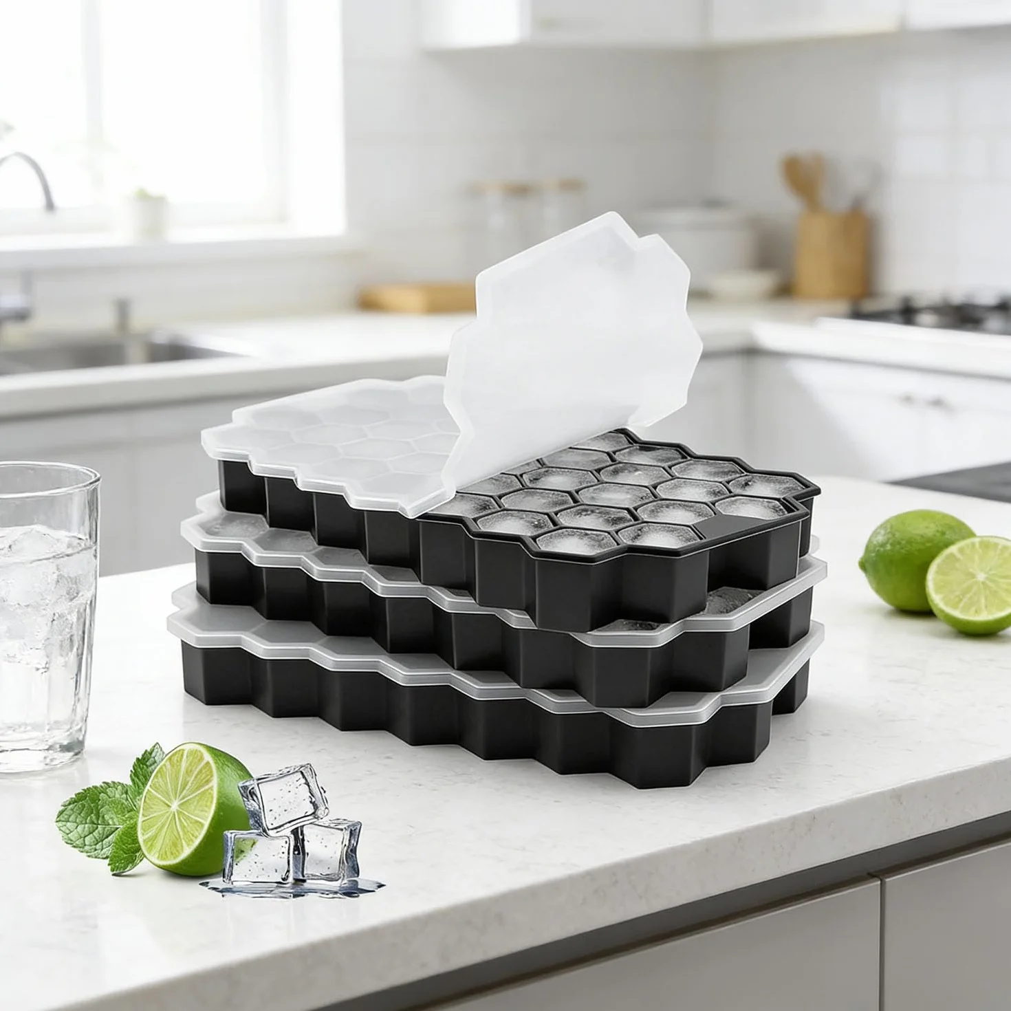 Pack 3 Cubitera de Silicona 37 Compartimentos Apilable con Tapa Sin BPA Negro