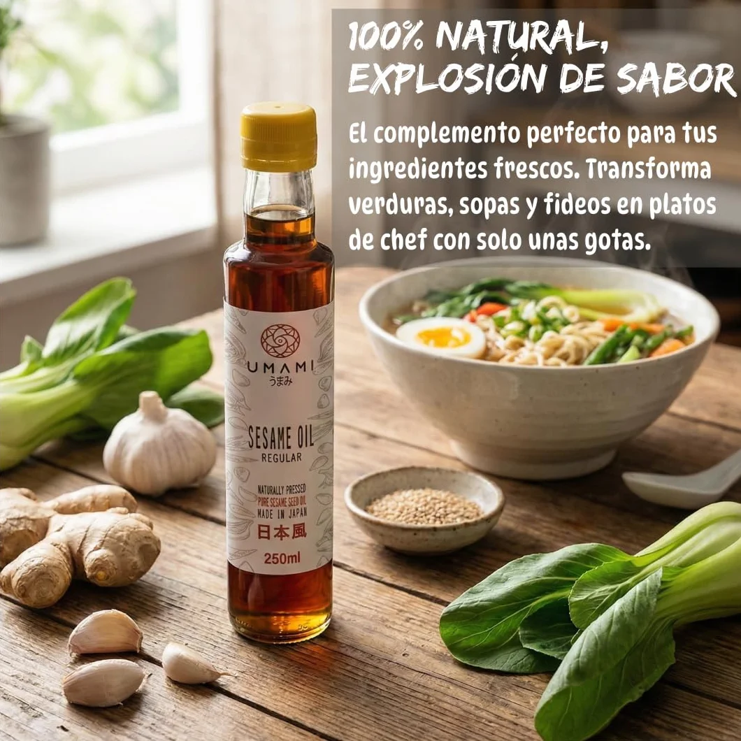 Umami Aceite de Sésamo Tostado 250ml 100% Puro Natural Producido en Japón para Wok Ramen Sushi Ensaladas