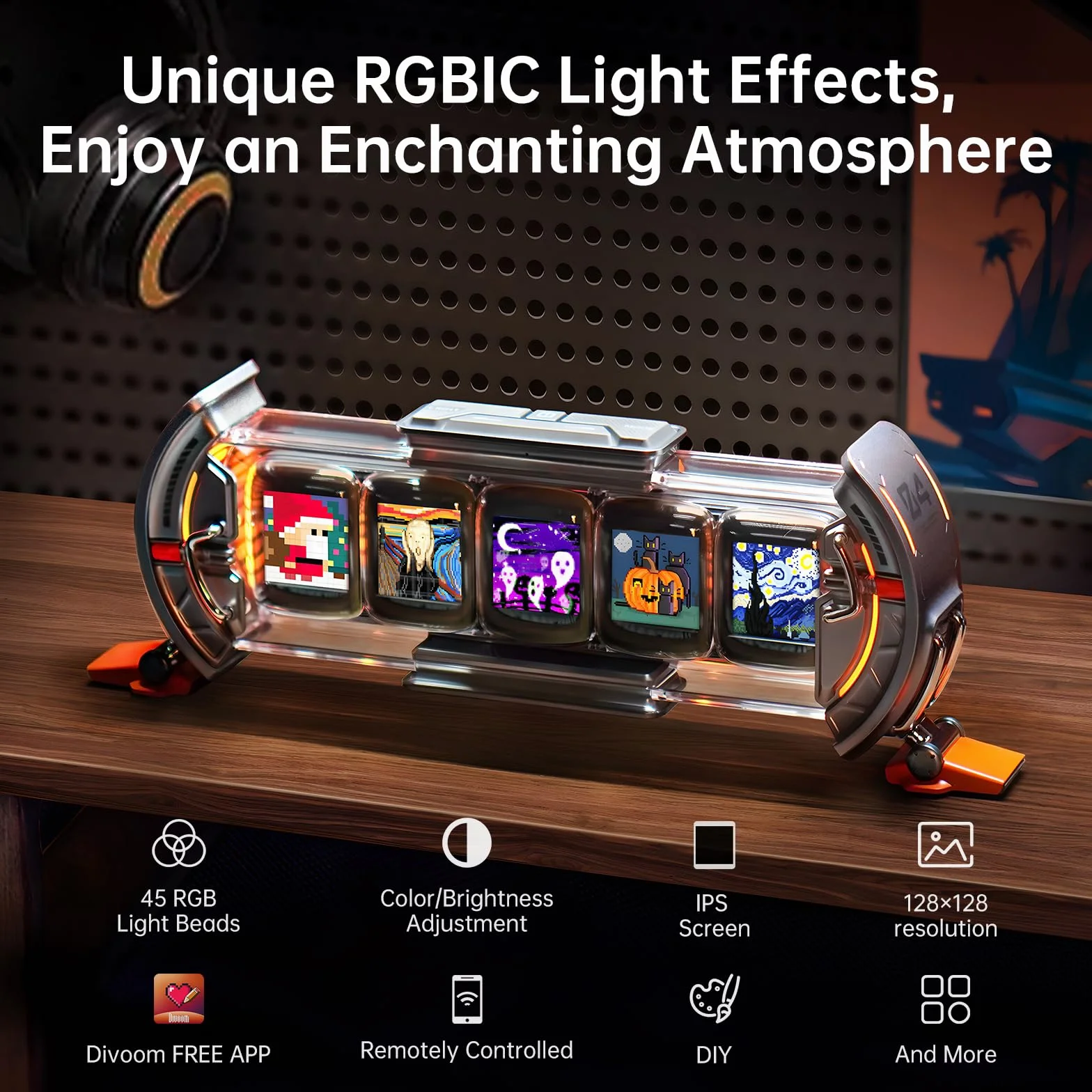 Divoom Times Gate WiFi Pixel Art Pantalla Informativa,5pcs 128 * 128 IPS Pantalla,LED Digital Reloj Luces Decorativo con App Control para Gaming Room Table Setup Decoración