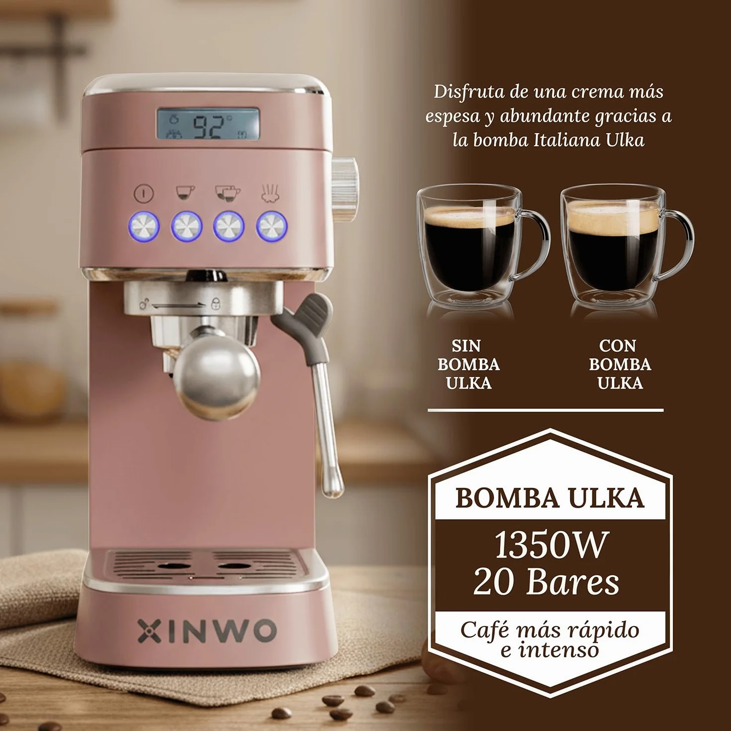 Cafetera Hanoi - Cafetera Express para Espresso y Cappuccino, 1350W, 20 Bares, Vaporizador, Brazo Portafiltros con Doble salida y 2 Filtros, Depósito Agua 1.2L, Calientatazas, Accesorios - Moca