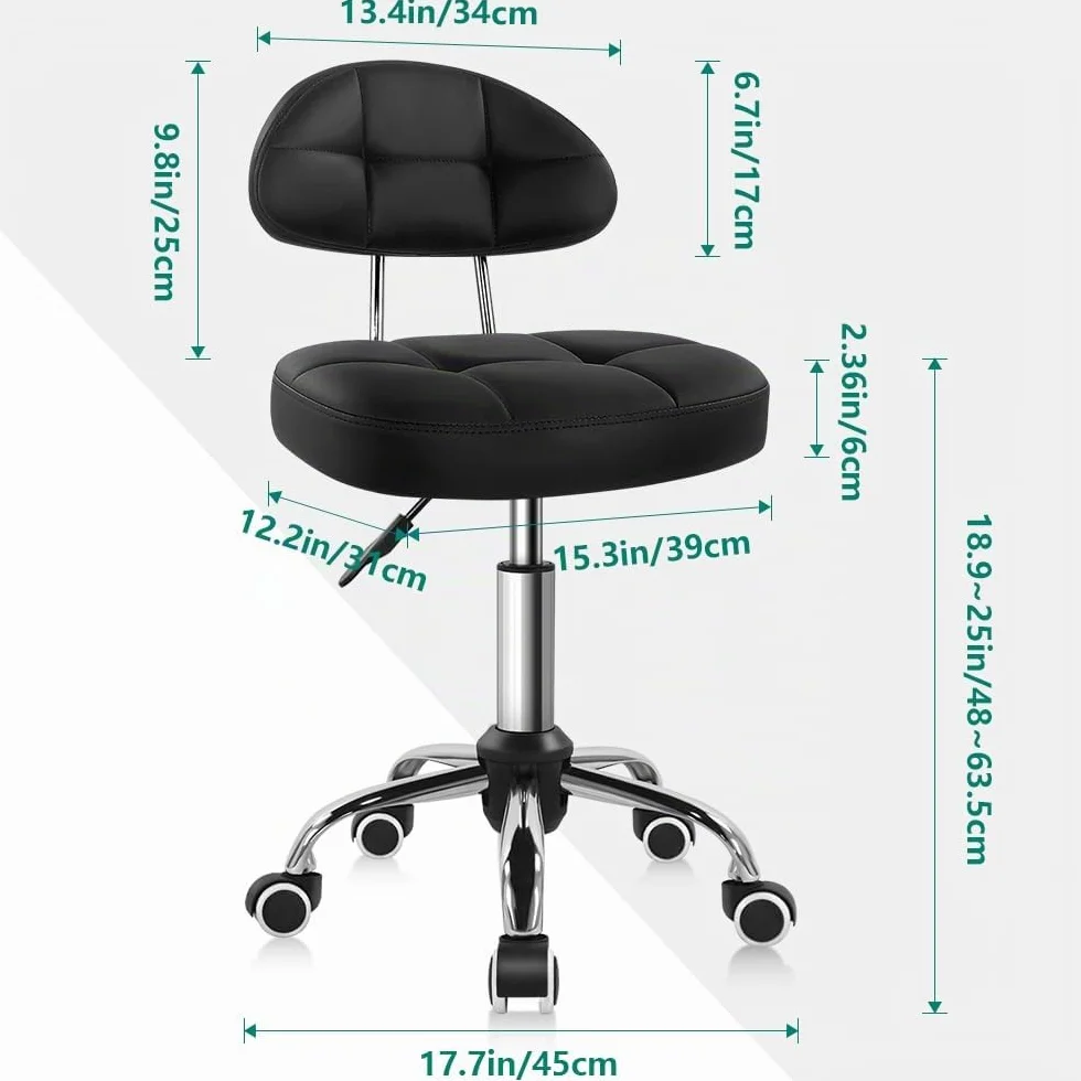 BFTOU Taburete giratorio cuadrado con ruedas ajustable silla respaldo blanco