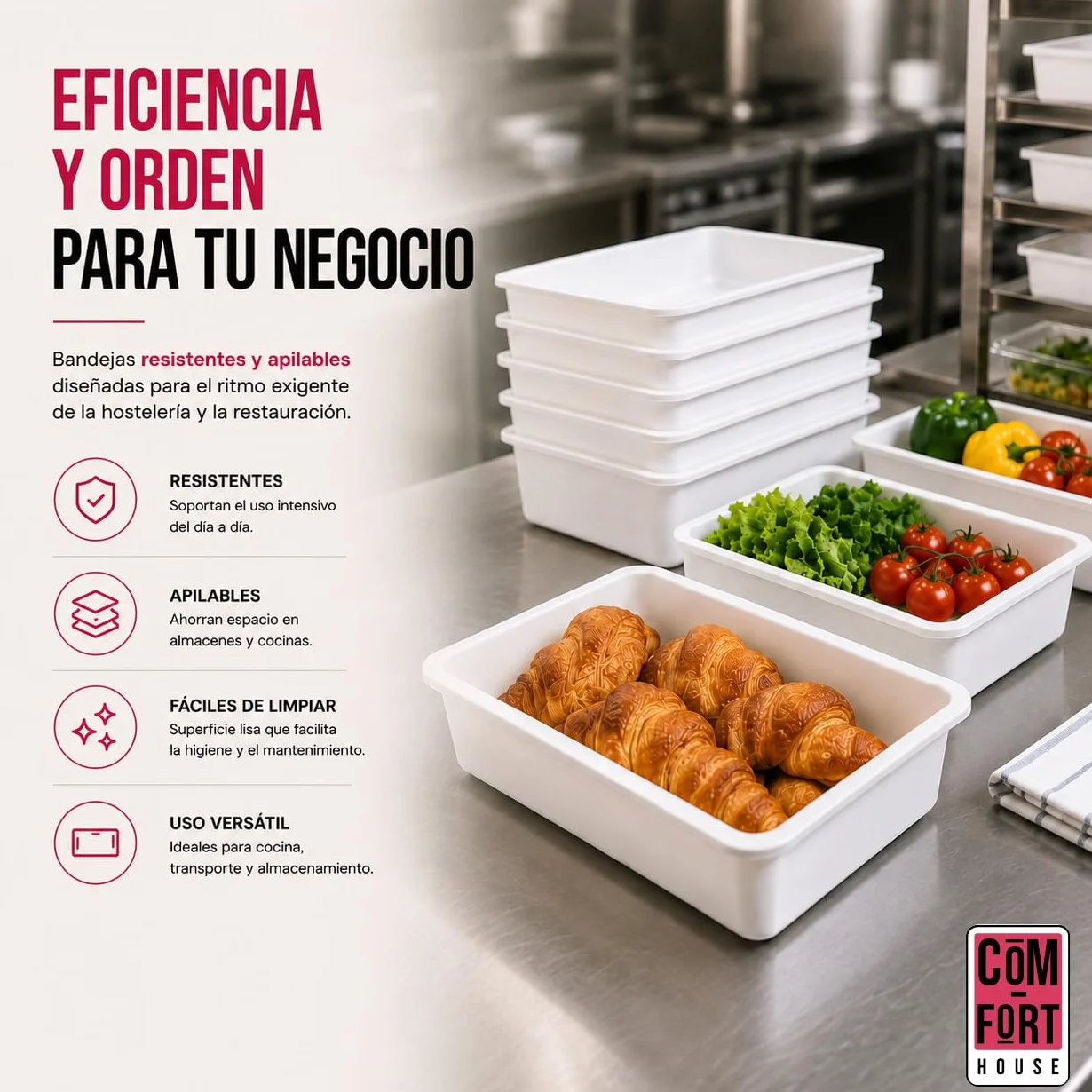 COM-FORT HOUSE Bandejas de Plástico Rectangulares Blanco, Pack 3, 34,5x23x7 cm, Organizador Multiusos para Cocina, Nevera, Baño y Almacenaje