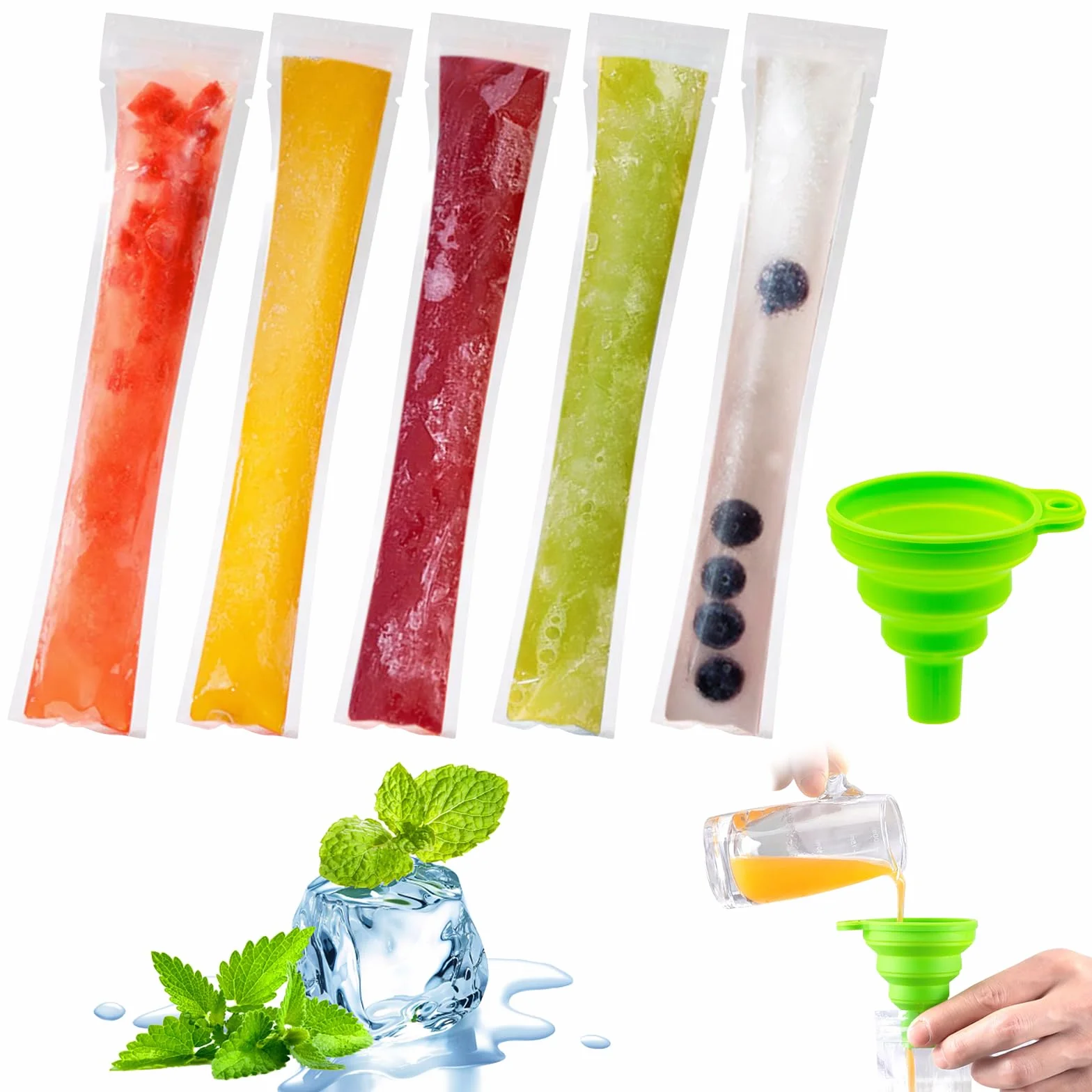 Bolsas para Helados 50 Pack Moldes para Helados Bolsa de Hielo Congelador Pop con Embudo Verde