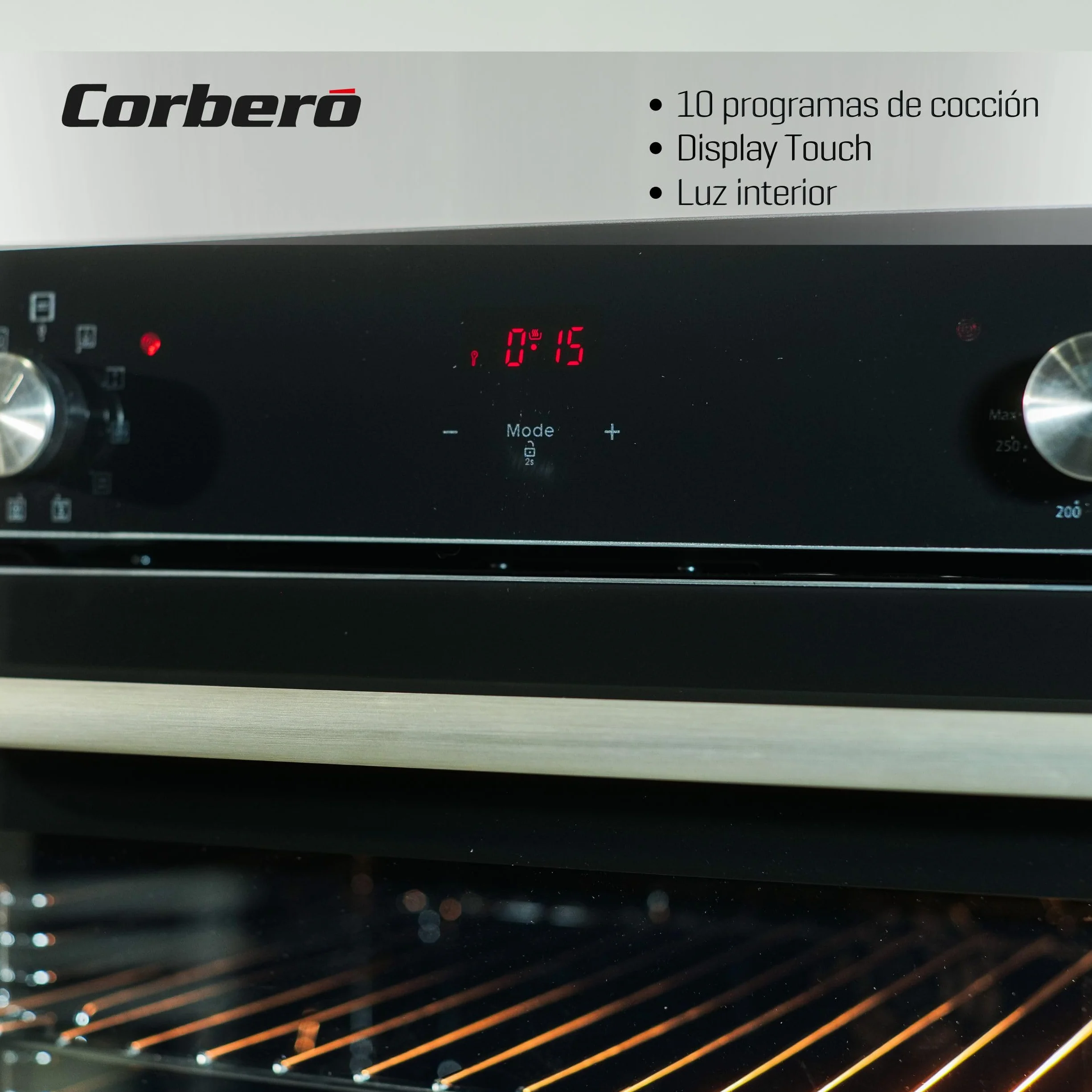 Corberó - Horno Multifunción Compacto 50L| CCHCV451021DTG | 46x60x58 | Hidrólisis | Display Táctil | Guías Extraíbles | 10 Programas | 3100W Potencia | Puerta Doble Cristal | Cristal Negro
