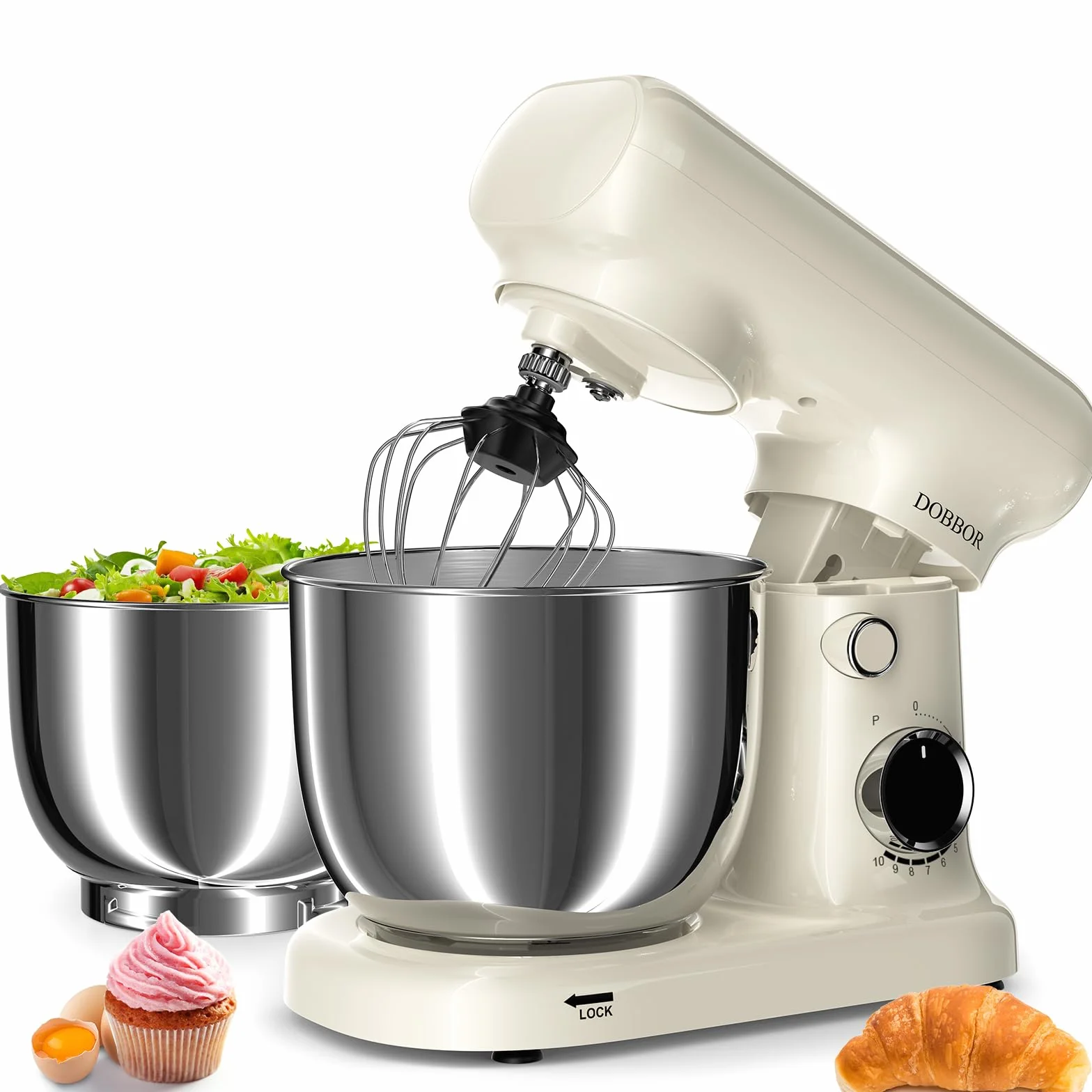 Batidora Amasadora Doble Bol De 2.5L+3L, Batidora EléCtrica De 10 Velocidades Y 1500w - Incluye Batidor De Huevos, Gancho Para Masa Y Batidor Plano Para ReposteríA Casera (Blanco lechoso)
