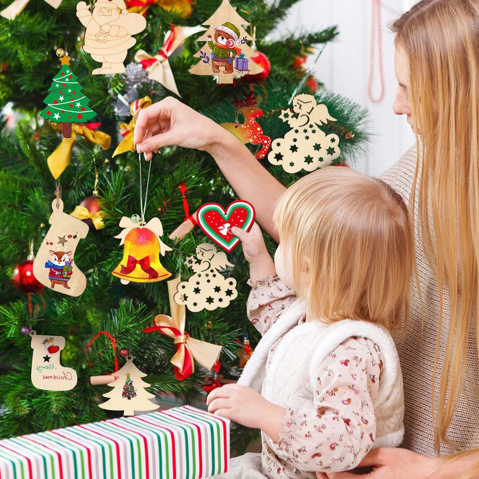 248 Piezas Colgantes de Madera para Navidad, 10 Estilos