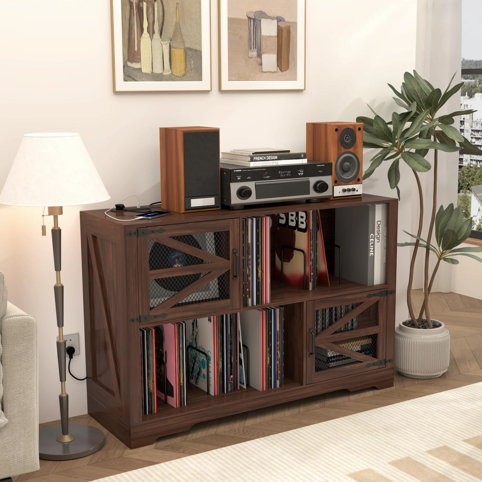 MDF Mueble para Discos de Vinilo con Acabado Nogal,Soporte para 500+ Vinilos, 2 Enchufes & 2 USB, Antivuelco, Mueble Compacto para Salón y Tocadiscos,Color Nogal（120×40×80cm）
