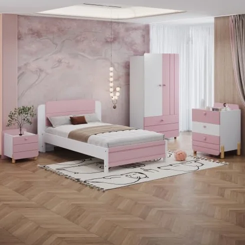Dolamaní Juego completo de muebles para habitación juvenil, cama individual de 90 x 200 cm, mesita de noche con 3 cajones, 1 cajón, armario, cama, para niños y niñas (rosa)