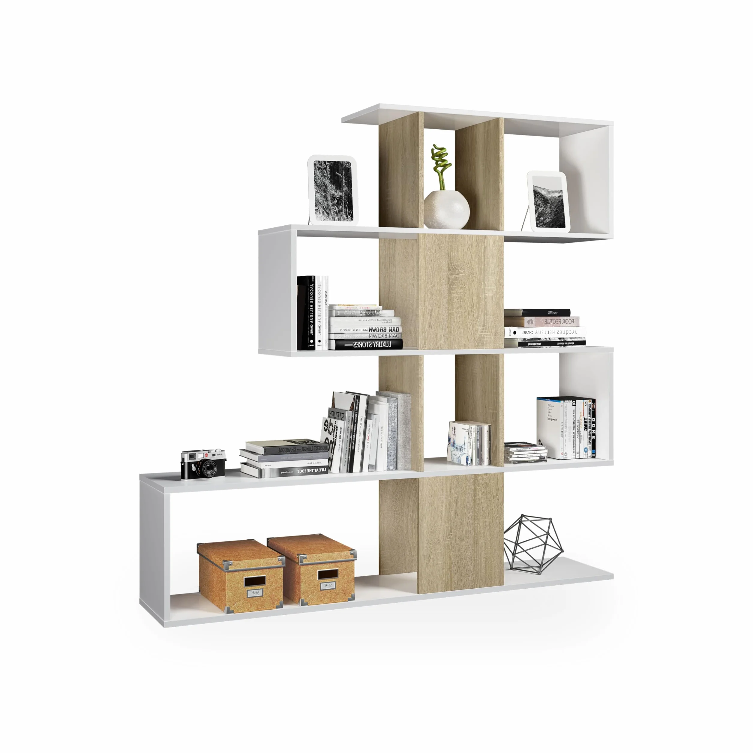 duehome | Estantería Librería, Salón, Comedor o Despacho, Modelo Domi, Acabado en Blanco Artik y Roble Canadian, Medidas: 145 cm (Alto) x 145 cm (Ancho) x 28 cm (Fondo)