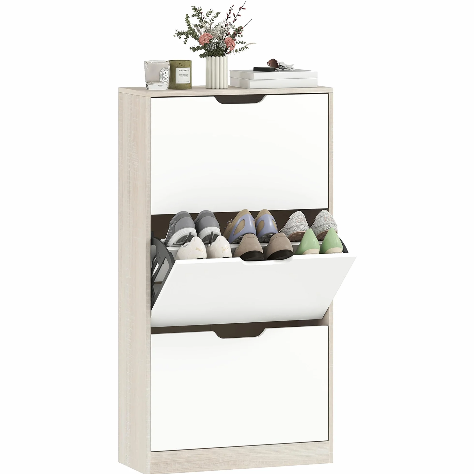 HOMCOM Zapatero Estrecho, 3 Puertas Abatibles, Zapatero Entrada Recibidor para 18 Pares de Zapatos, para Pasillo, Espacios Reducidos, 62,5x26x117,5 cm, Roble y Blanco