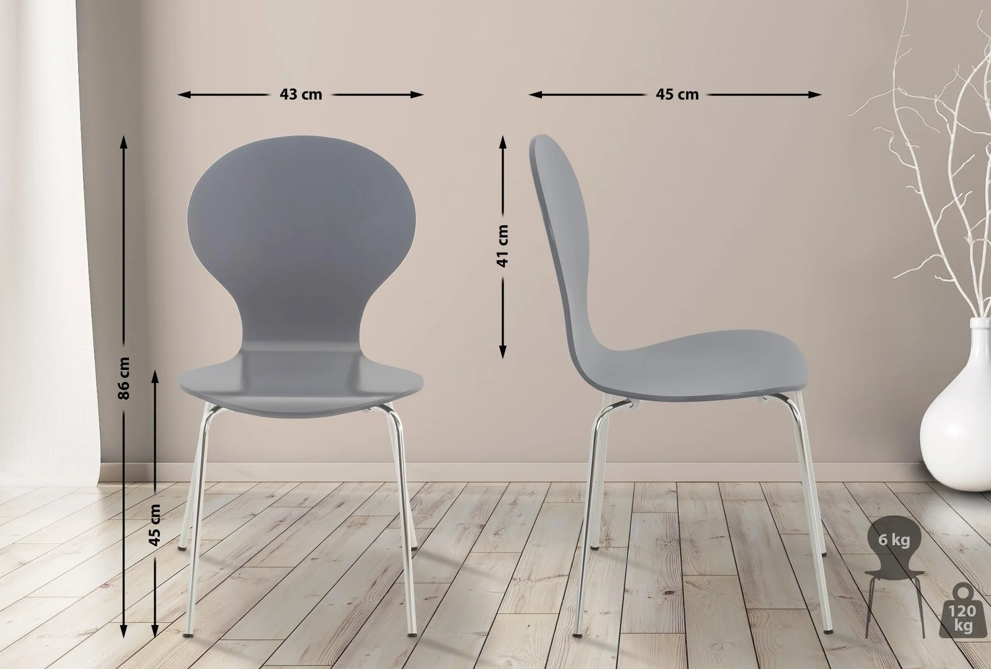 CLP Set de 2 Sillas de Comedor Apilable Diego con Asiento de Madera y Base de Metal, Gris