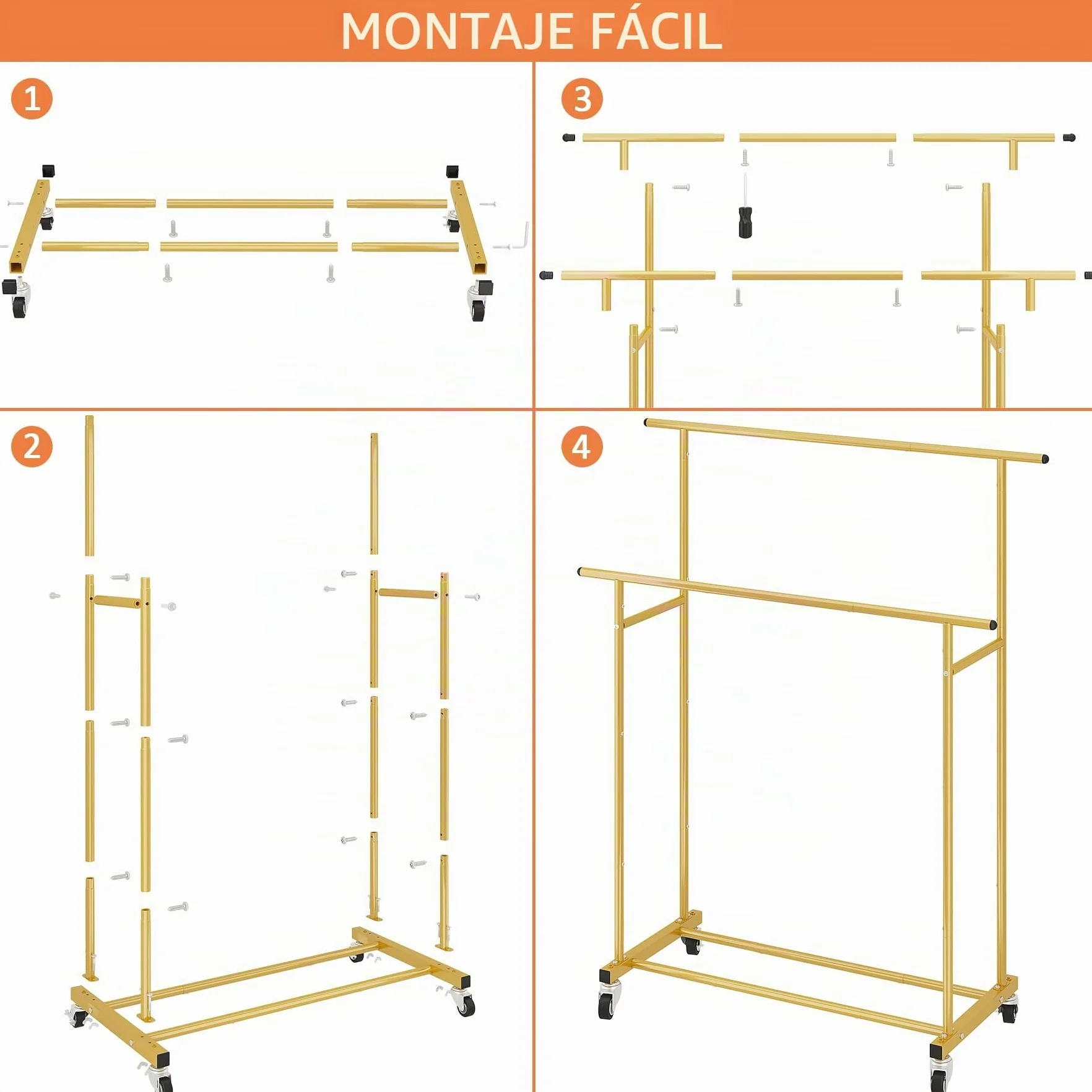 Calmootey Perchero de ropa de doble barra, estante colgante rodante, organizador de ropa portátil para dormitorio, sala de estar, tienda de ropa, dorado