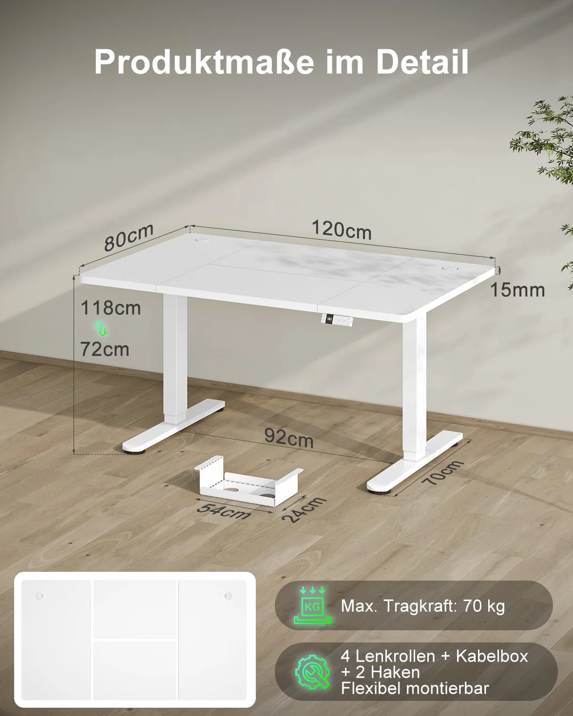 Devoko Escritorio Elevable 120x80cm con Tablero de 18 mm, Ruedas y Puerto Type-C, Escritorio Eléctrico, Regulable en Altura con Bandeja de Gestión de Cables (Blanco)