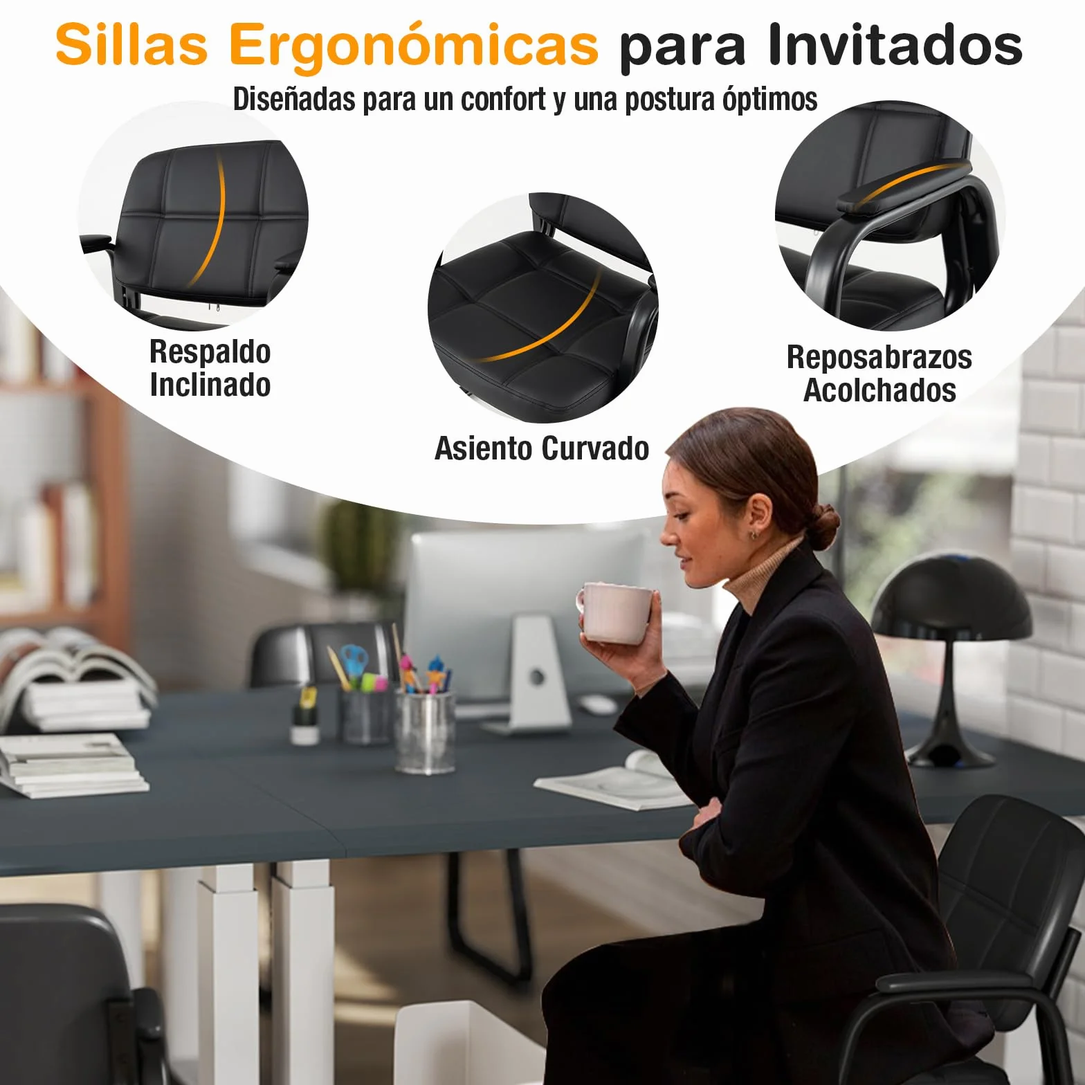COSTWAY 2 Sillas Sala de Espera, Reposabrazos Acolchados, PU, Estructura de Metal, Sillas Confidente sin Ruedas, Silla Oficina, Carga 150kg, Negro