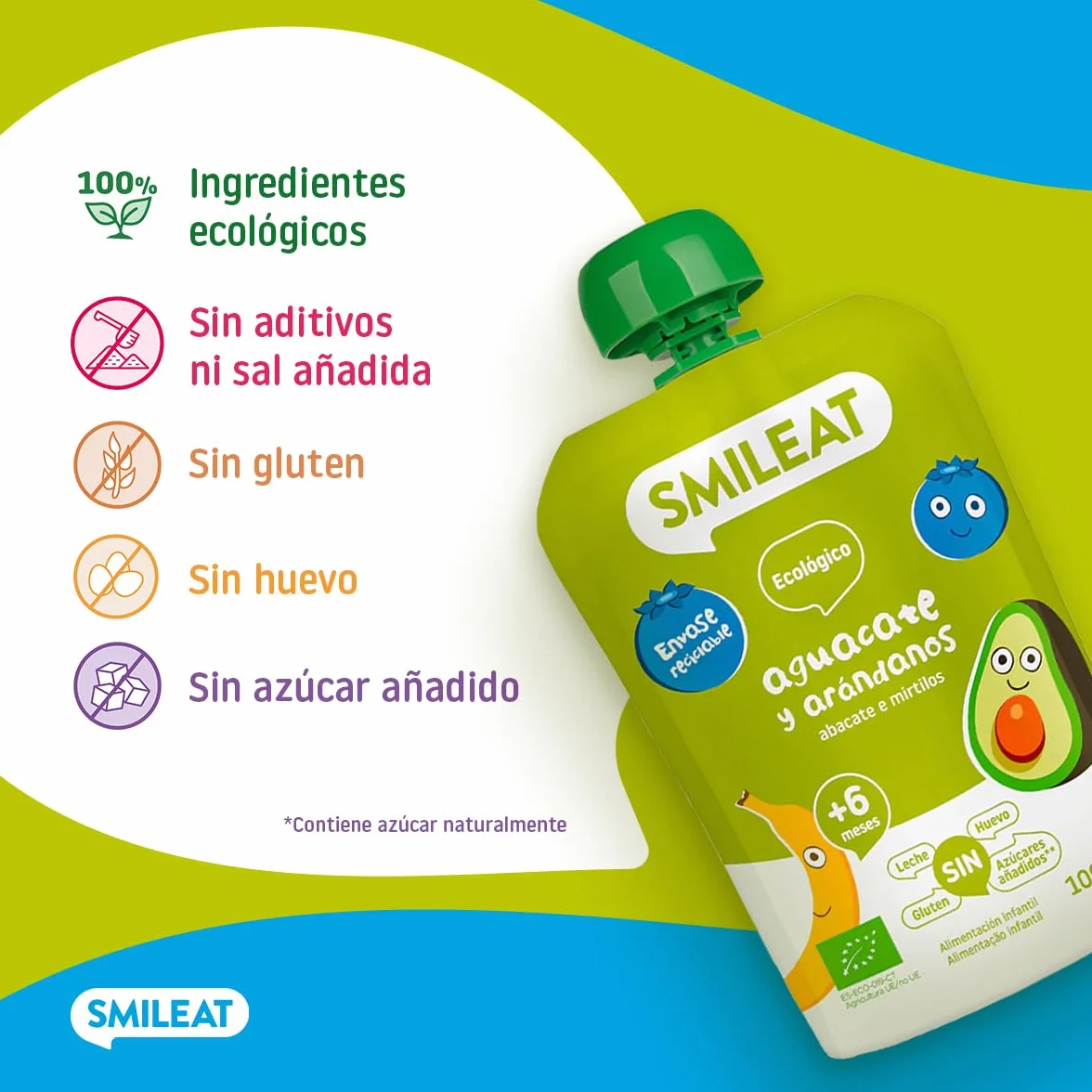 Smileat Pouch de Frutas Ecológicas Sin Sal ni Azúcar Añadido Sin Gluten Sabor Aguacate y Arándanos