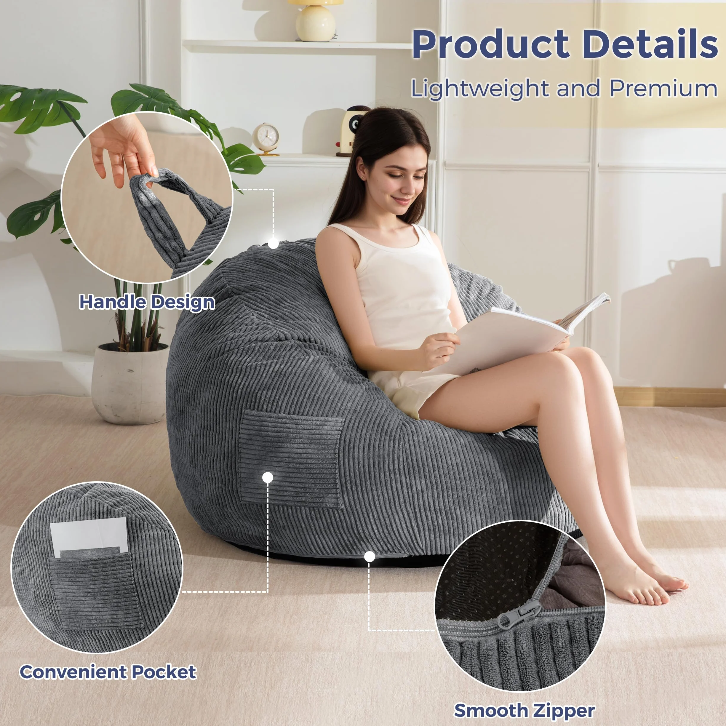 MAXYOYO Sillón Puff de Pana con Reposapiés para Adultos y Niños, Sofá Puff y Puf con Relleno de Espuma, Sillón con Asa para Sala de Estar, Dormitorio, Juegos, Lectura y Relajación