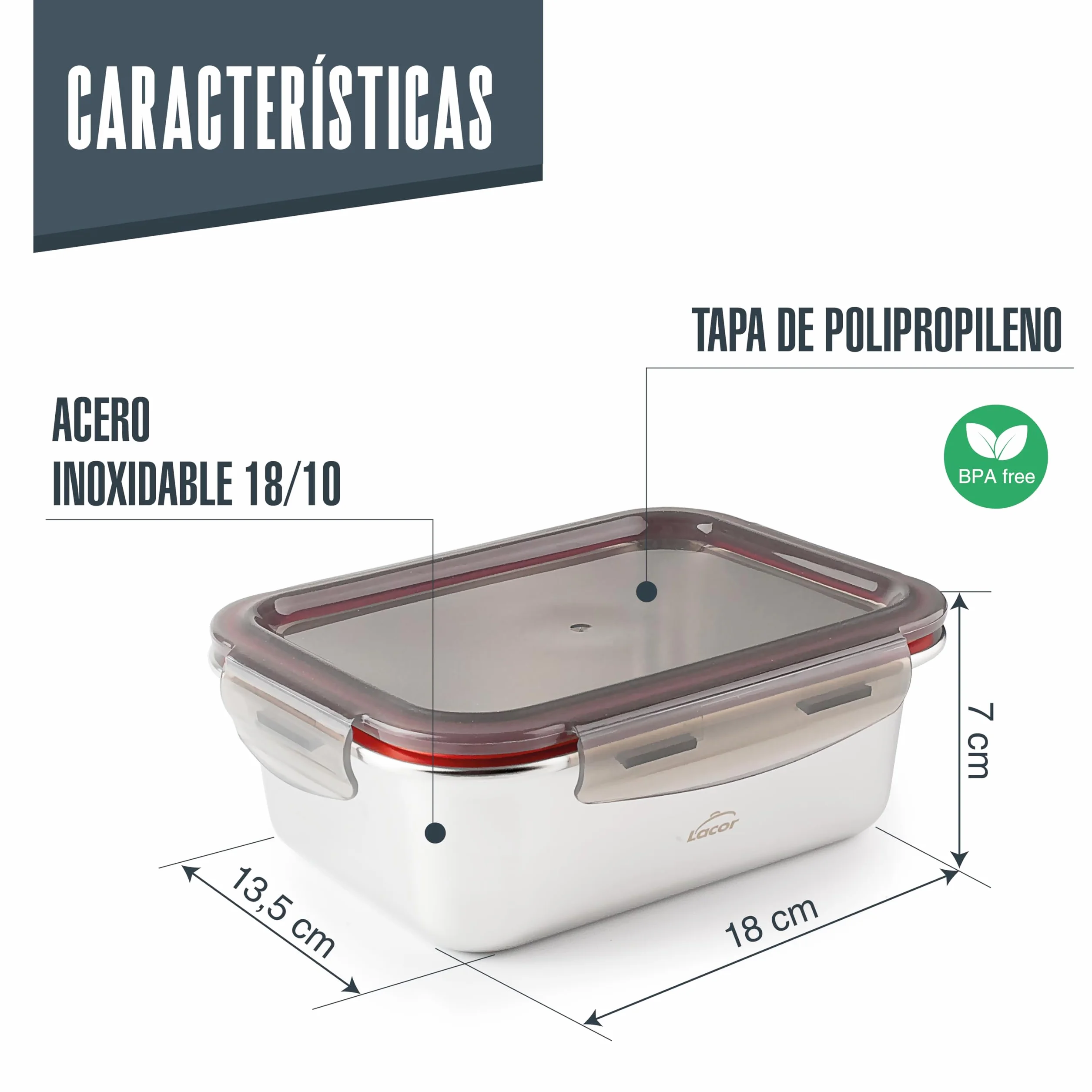 LACOR Recipiente para alimentos rectangular Ecoinox, Acero inoxidable 18/10, 800 ml, Hermético, 4 Cierres de clip