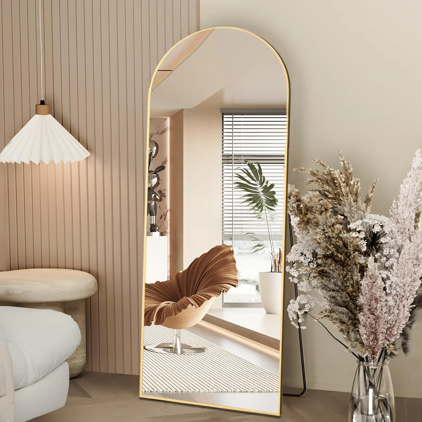 Espejo de Cuerpo Entero Arco 162 x 53 cm Dorado Arqueado, Espejo de pie con Soporte para Dormitorio Sala de Estar