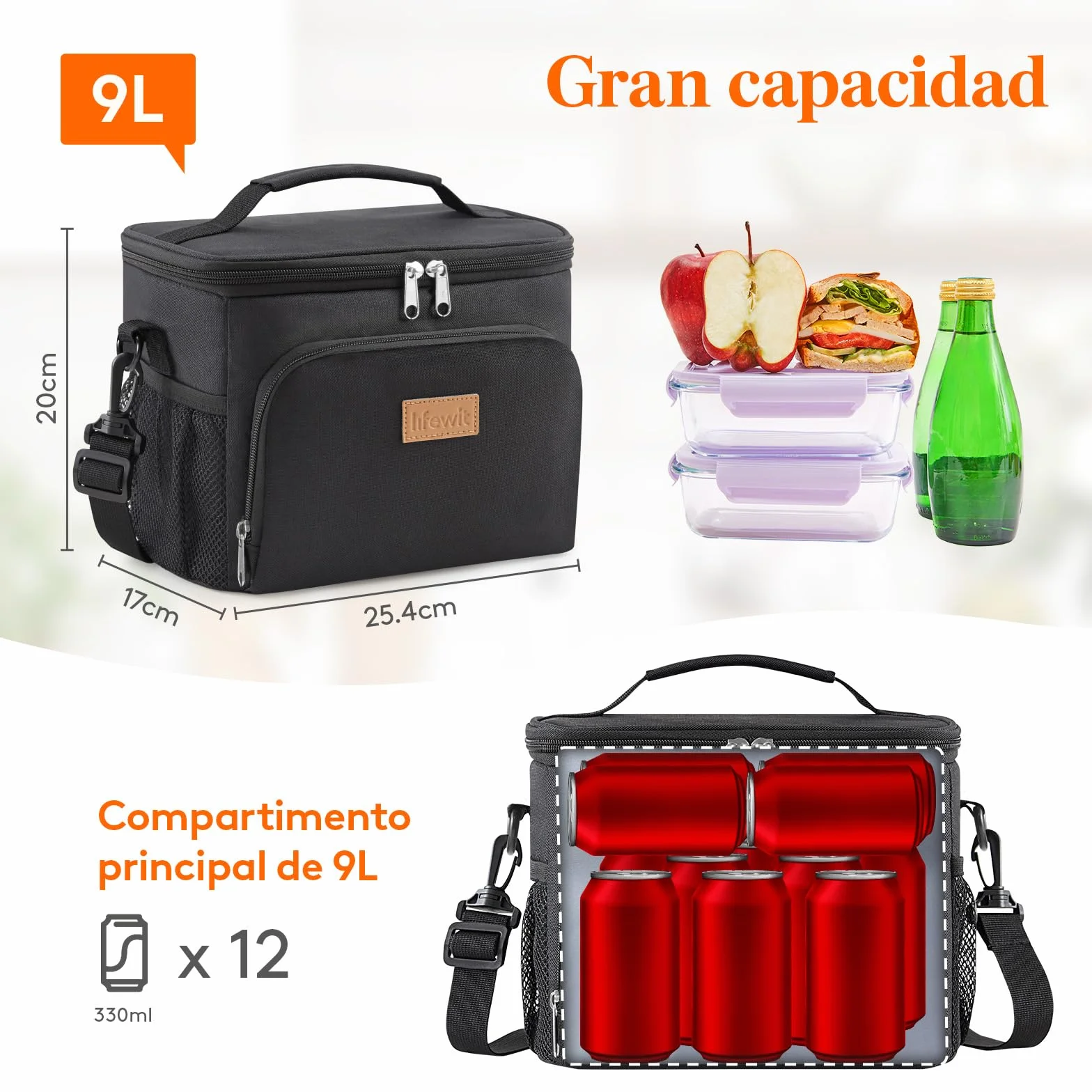 Lifewit Bolsa Térmica Porta Alimentos 9L, Nevera Portátil Impermeable para Trabajo, Playa, Picnic, Viaje, Negro